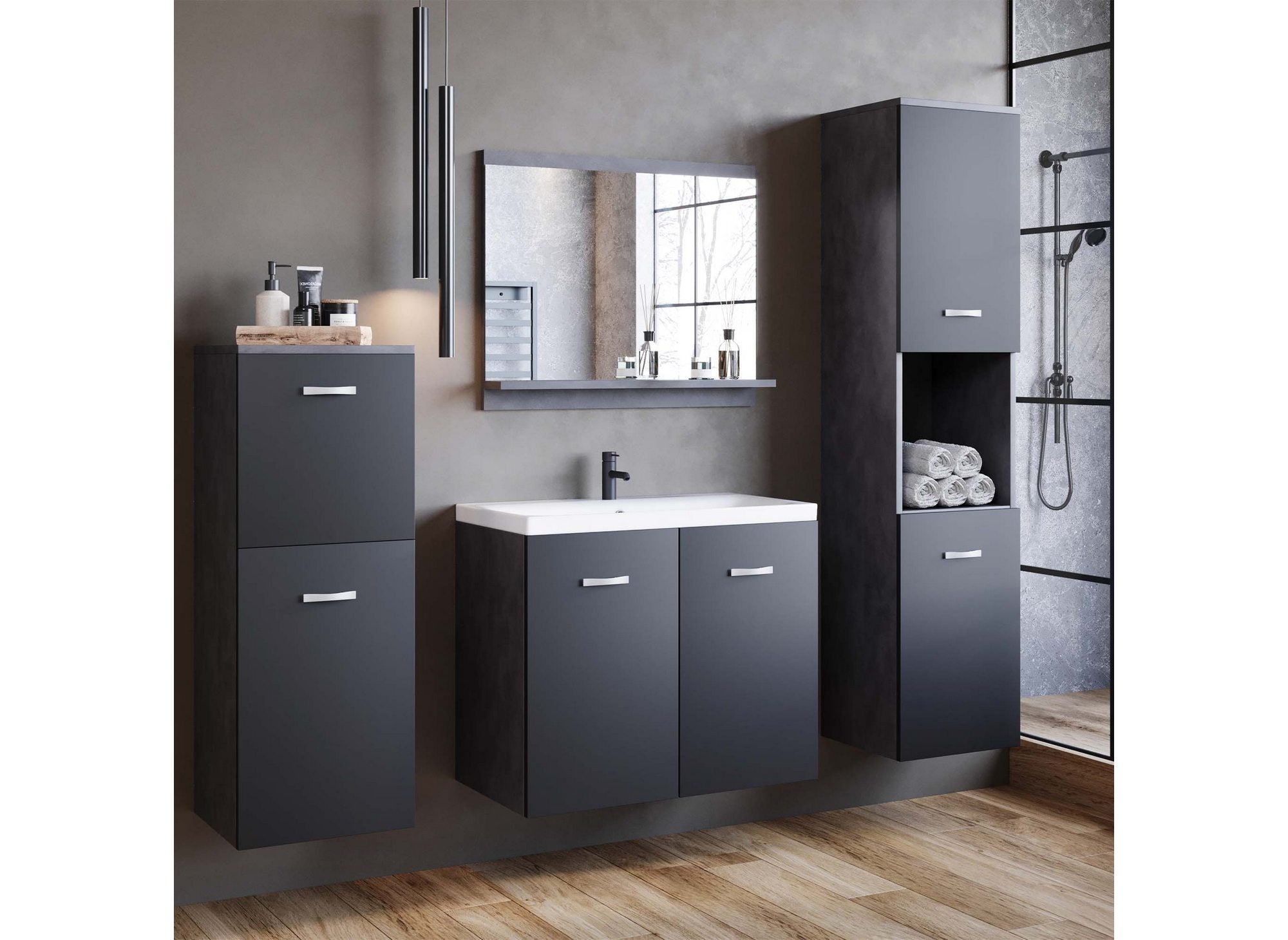 ALBY Hängendes Designer-Badmöbel-Set - Anthrazitgrau und Schwarz