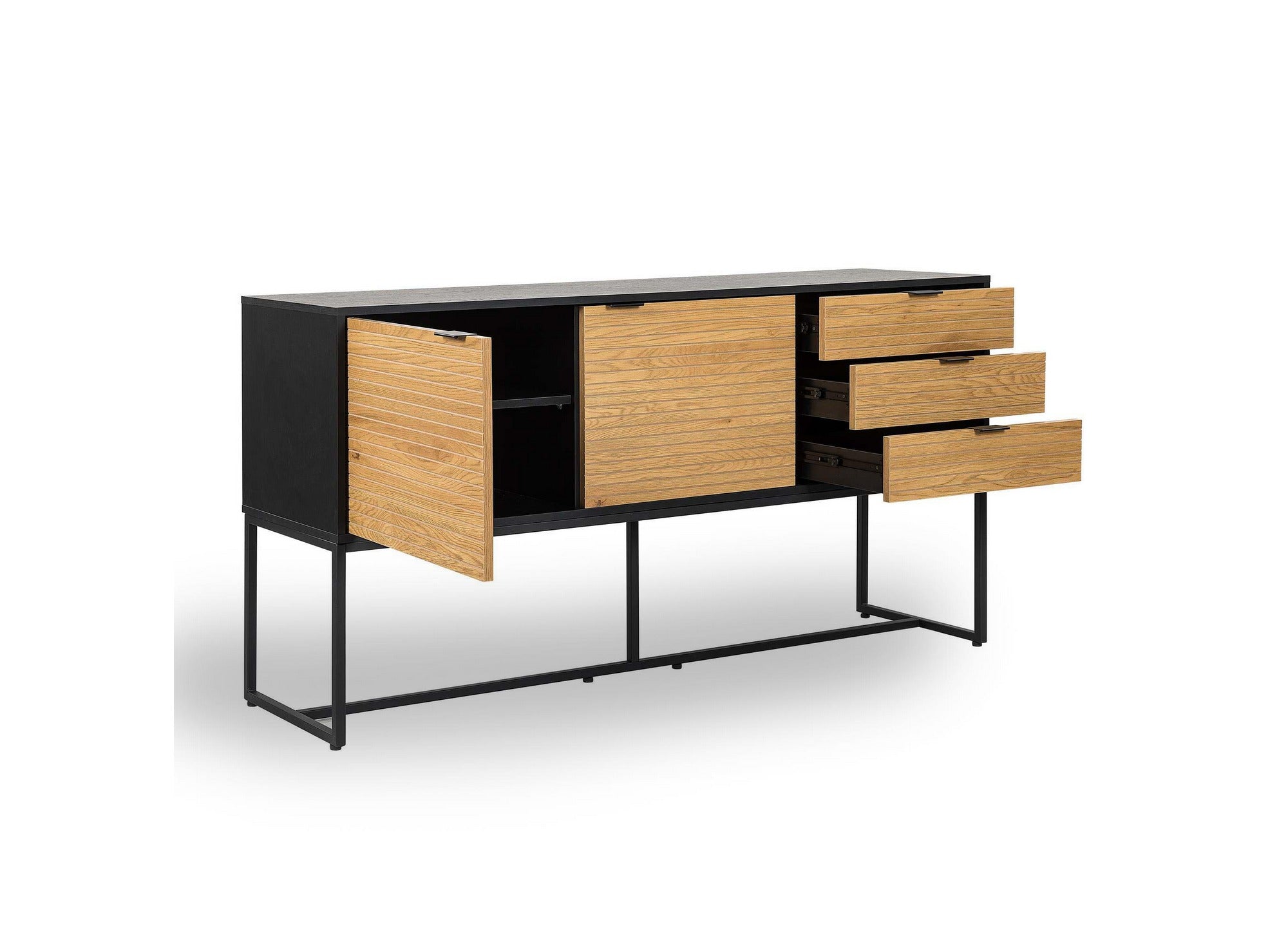 TISSIA Sideboard mit 3 Schubladen und 2 Türen aus hellem Holz und schwarzem Metall