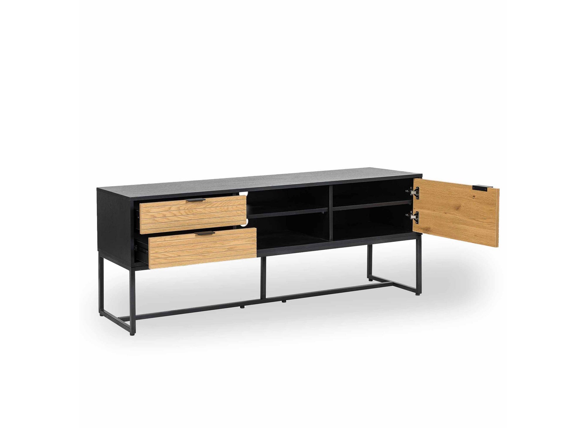 TISSIA TV-Schrank mit 2 Schubladen und 1 Tür aus hellem Holz und schwarzem Metall