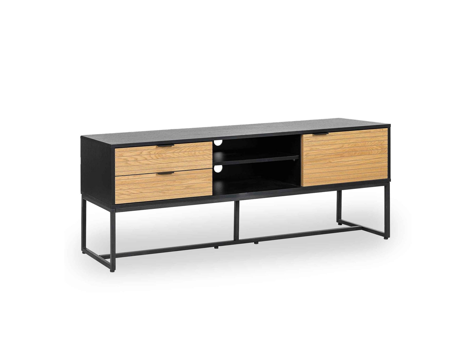 TISSIA TV-Schrank mit 2 Schubladen und 1 Tür aus hellem Holz und schwarzem Metall
