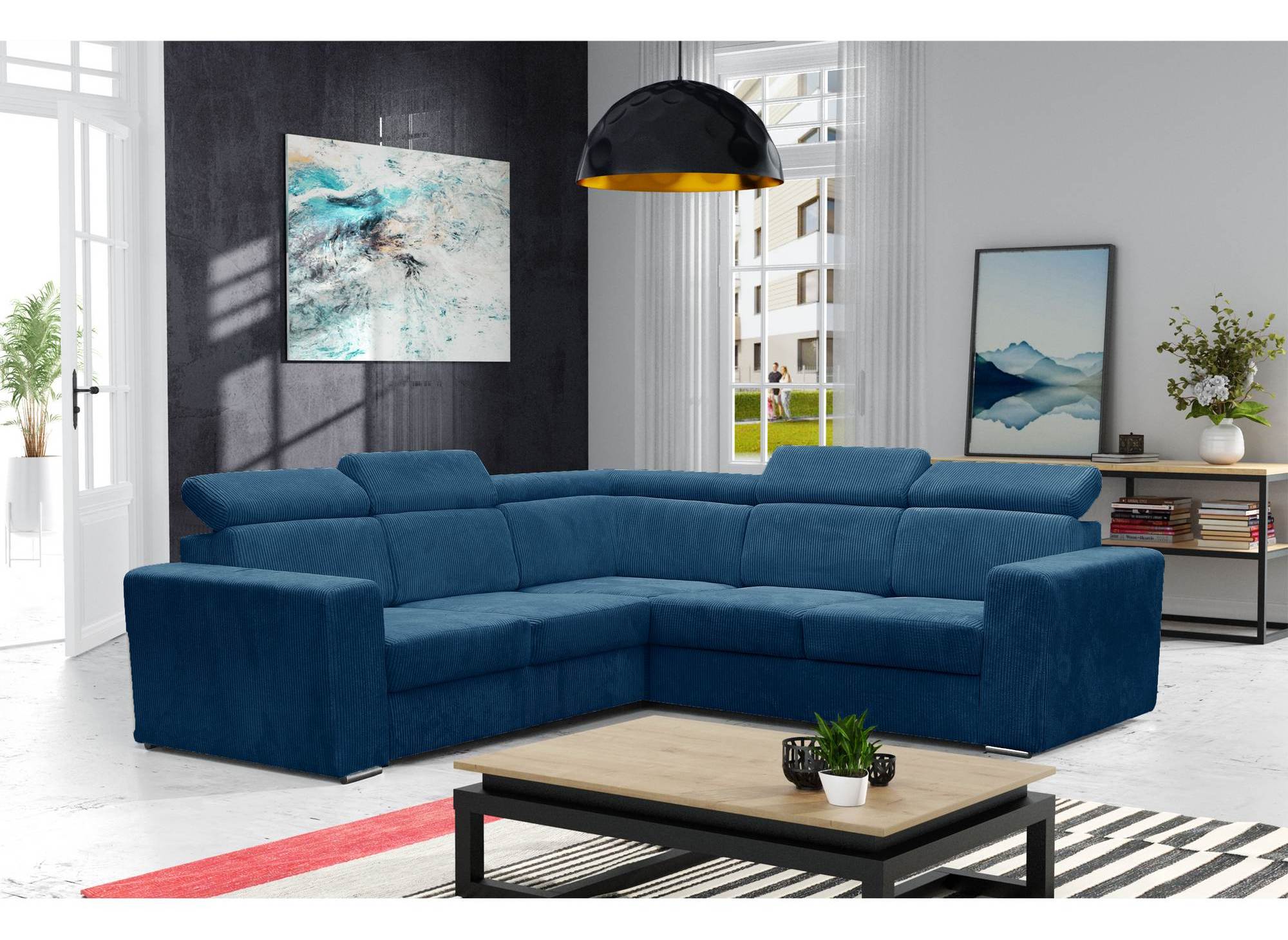 MERYL, umwandelbares und wendbares Ecksofa aus blauem Cord
