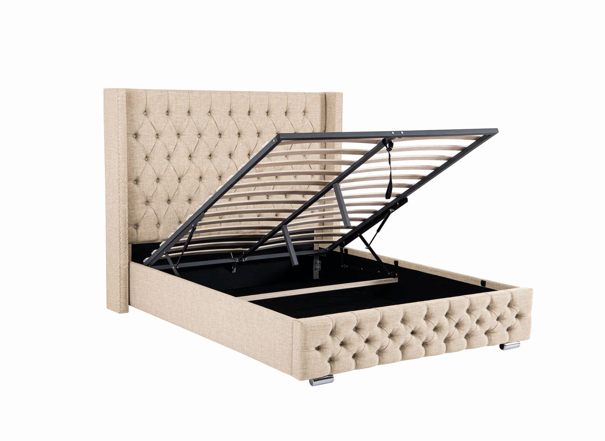 Beiges Bett mit Stauraum aus Leinenstoff 140x190 cm MAXI