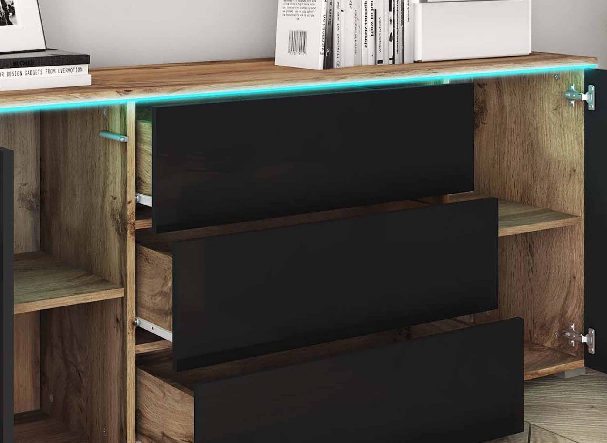 ALEXIA Kommode mit 2 Türen, 3 Schubladen aus Eiche und Schwarz mit LEDs