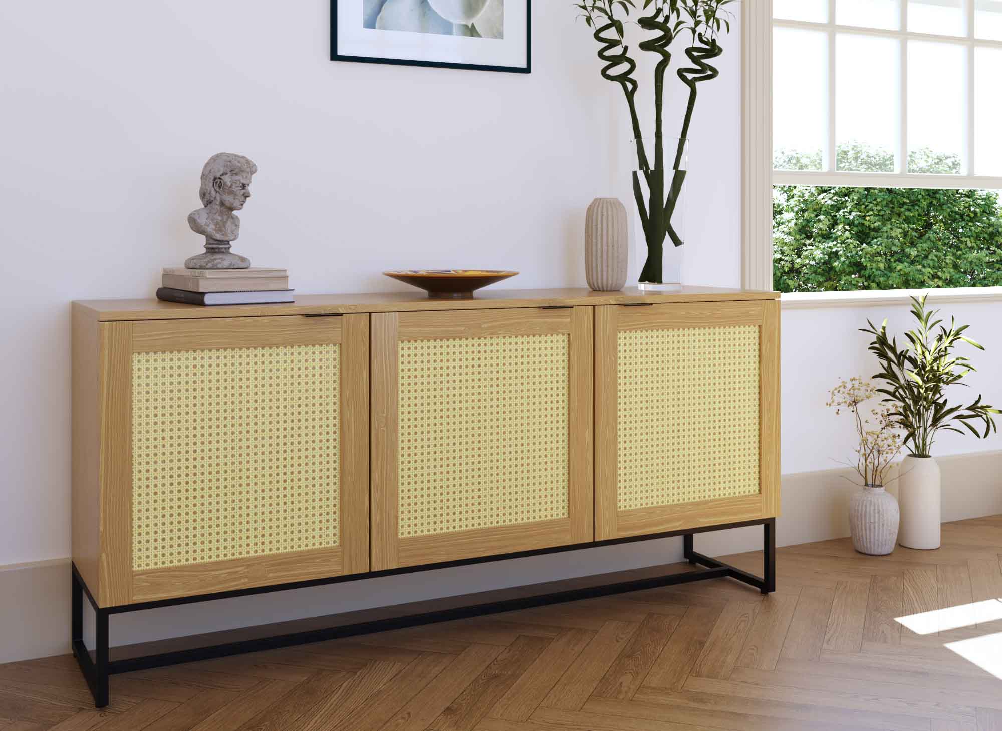 TULLIO Skandinavisches Sideboard mit 3 Türen aus Holz, Metall und Rohr
