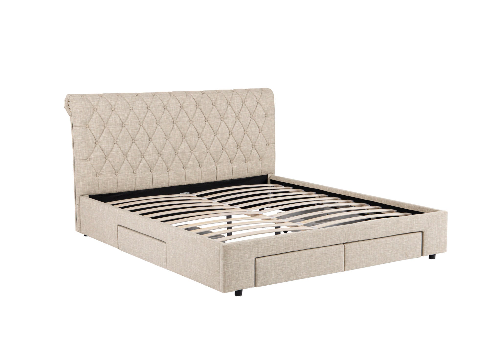 Doppelbett mit 4 Schubladen aus beigem Leinen 160x200 cm LEANDRE