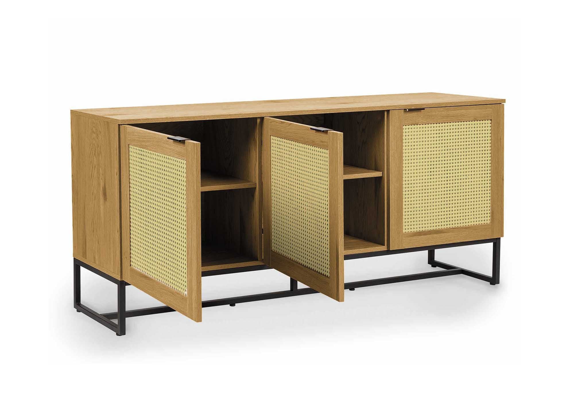 TULLIO Skandinavisches Sideboard mit 3 Türen aus Holz, Metall und Rohr