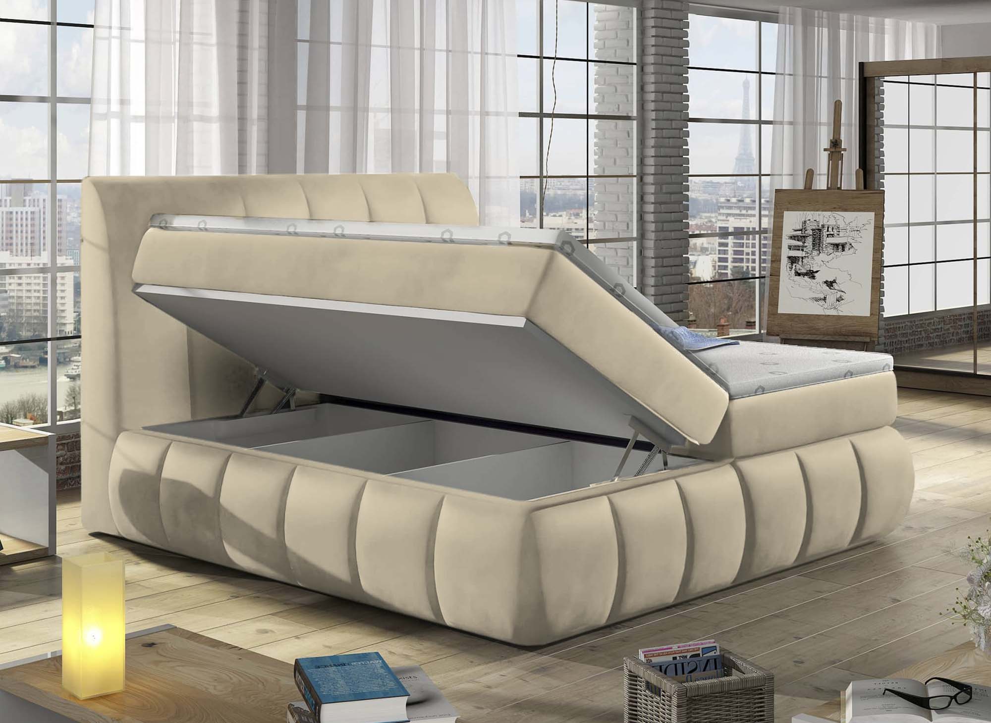 VALERIA beiges Samt-Boxspringbett 160x200 mit Bettkasten