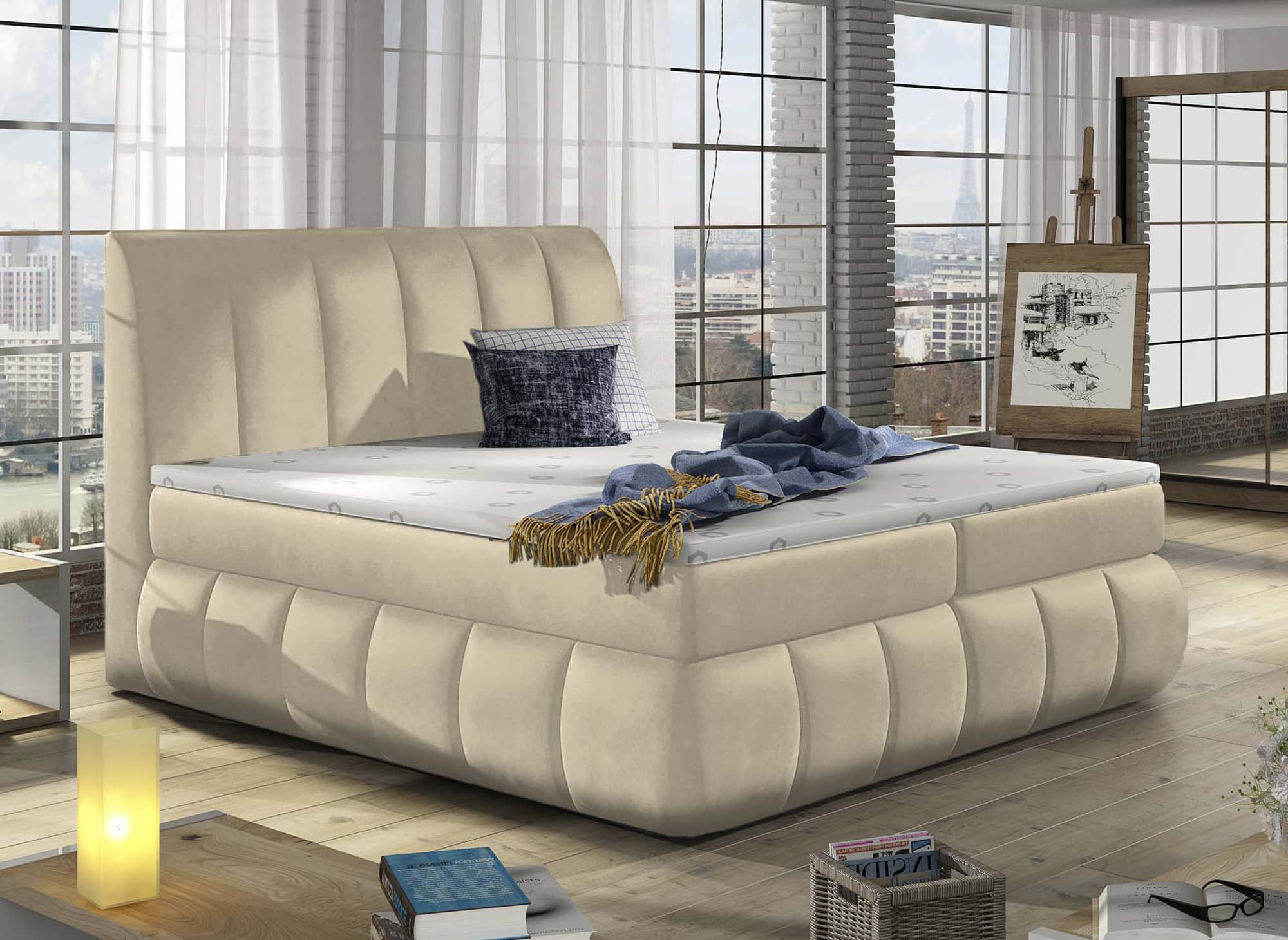VALERIA beiges Samt-Boxspringbett 160x200 mit Bettkasten