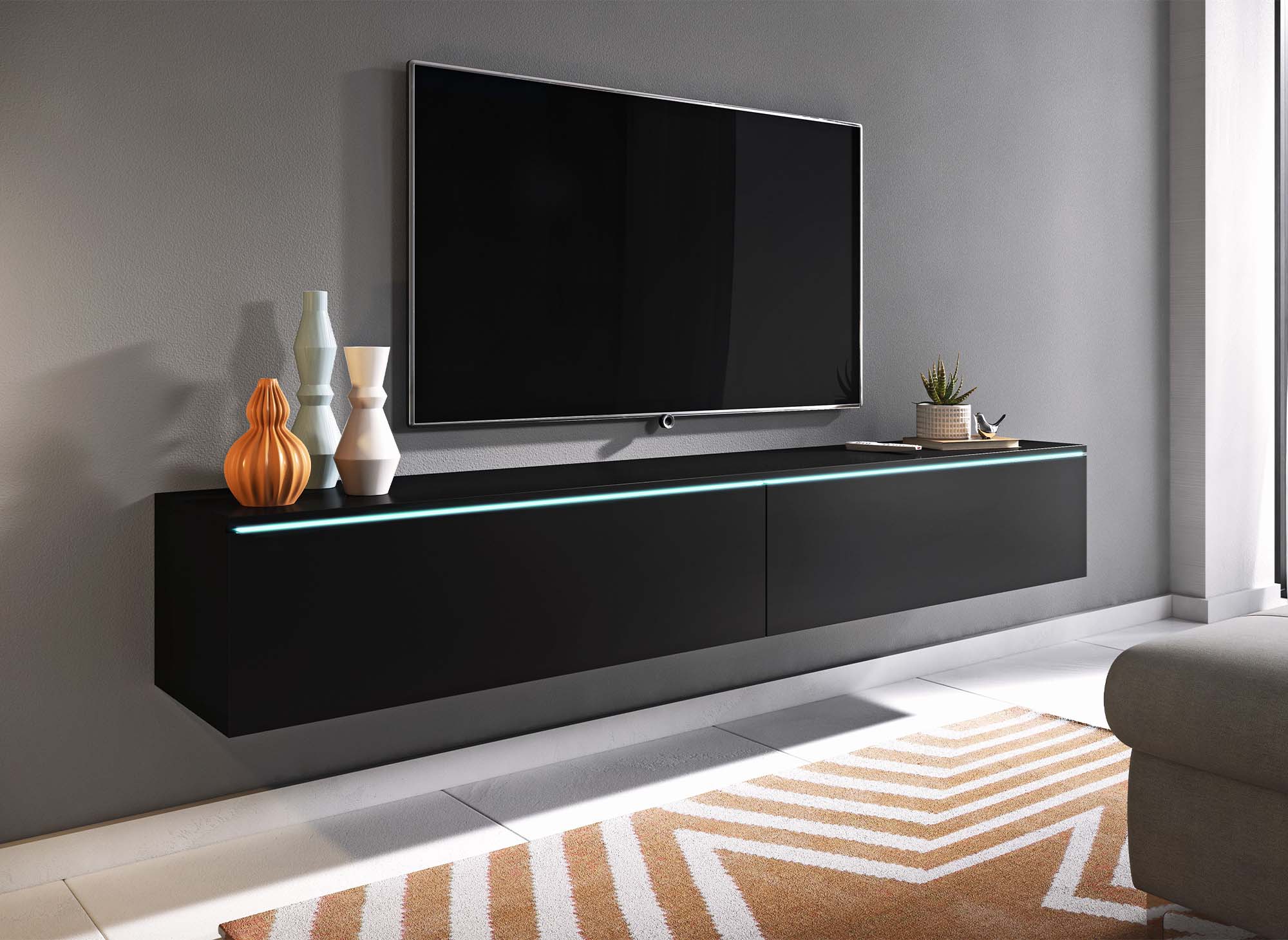 Moderner schwarzer TV-Schrank mit LED 2 Türen MALORIE - 180 cm