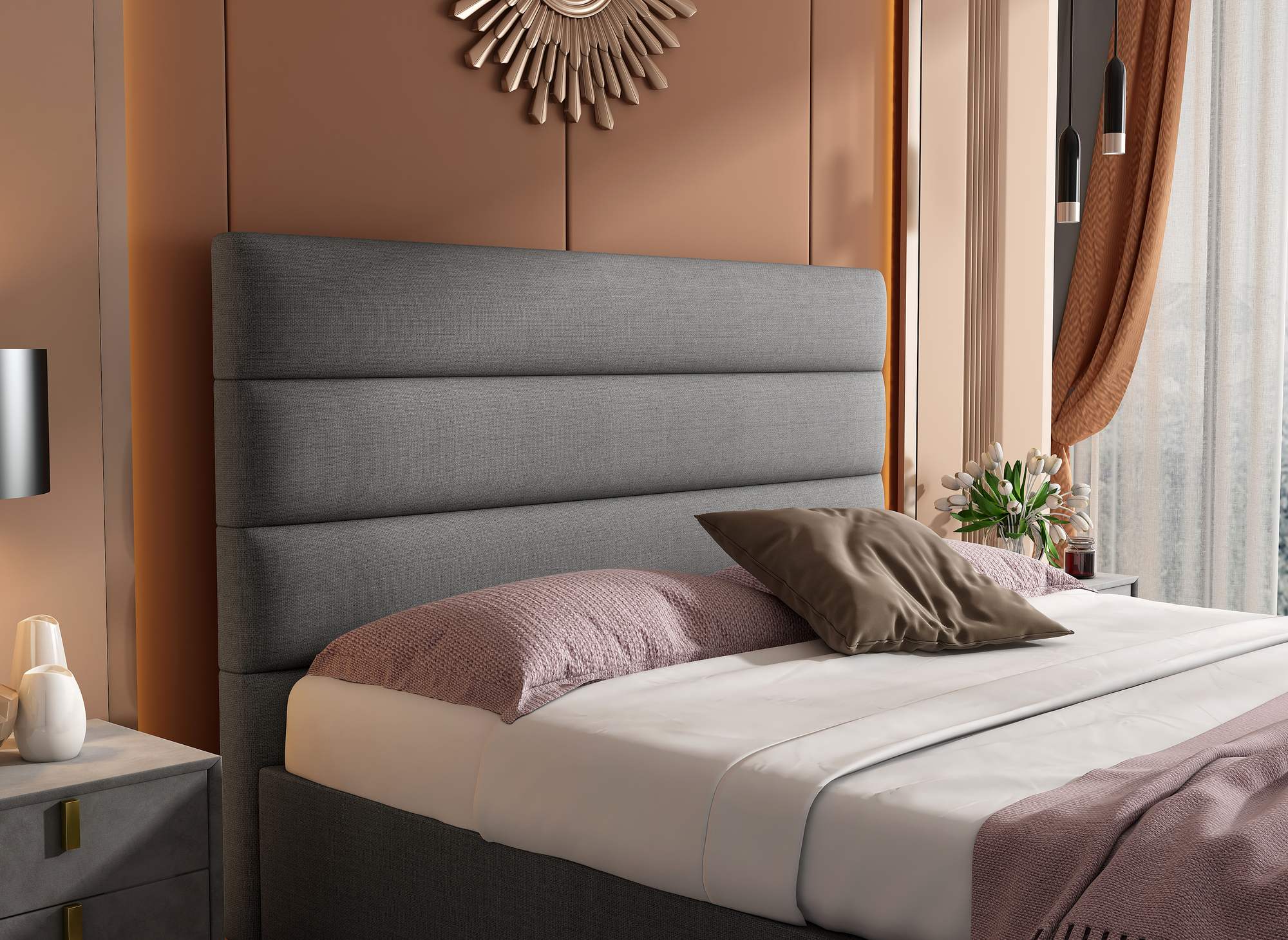 SHANNA Bett mit Stauraum, grau, Leinenstoff, 140 x 190 cm