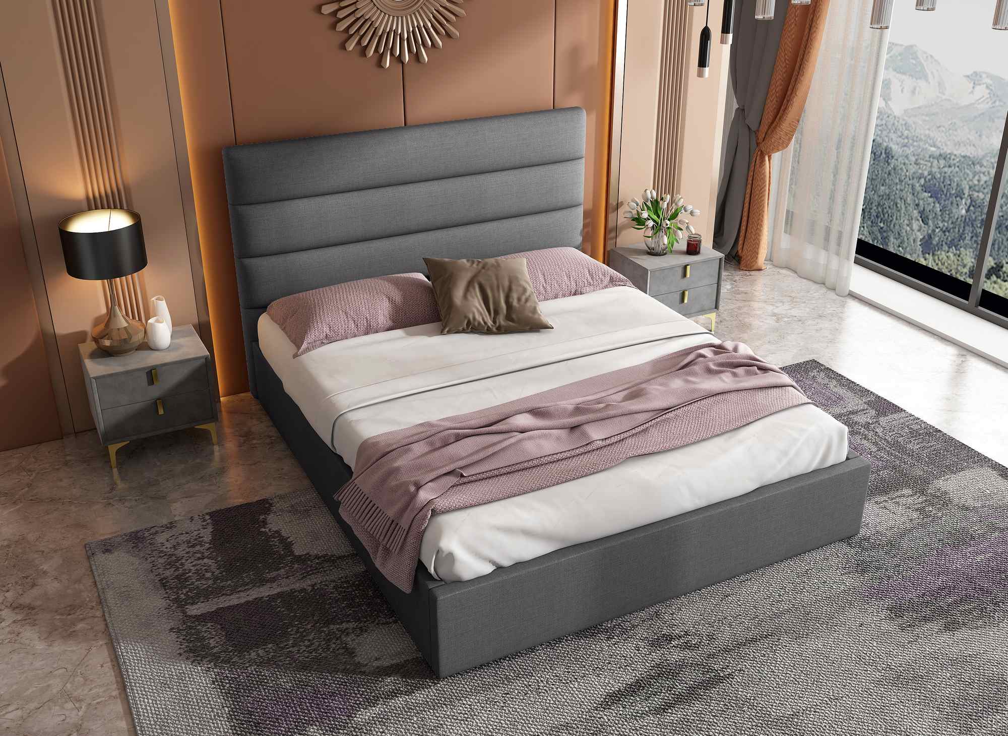 SHANNA Bett mit Stauraum, grau, Leinenstoff, 140 x 190 cm