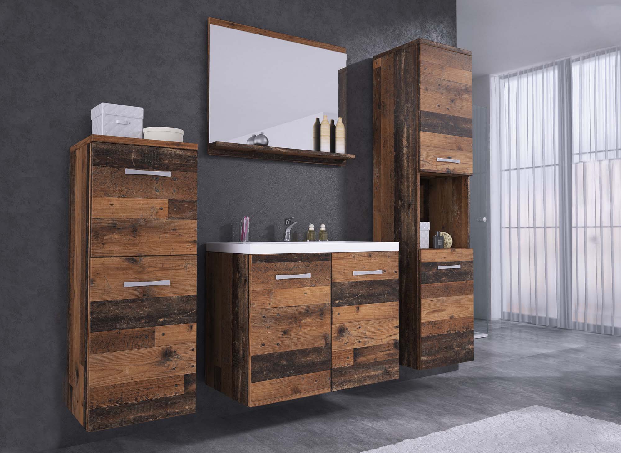 ALBY Designer-Hängemöbel-Set für Badezimmer - Antikholz-Effekt