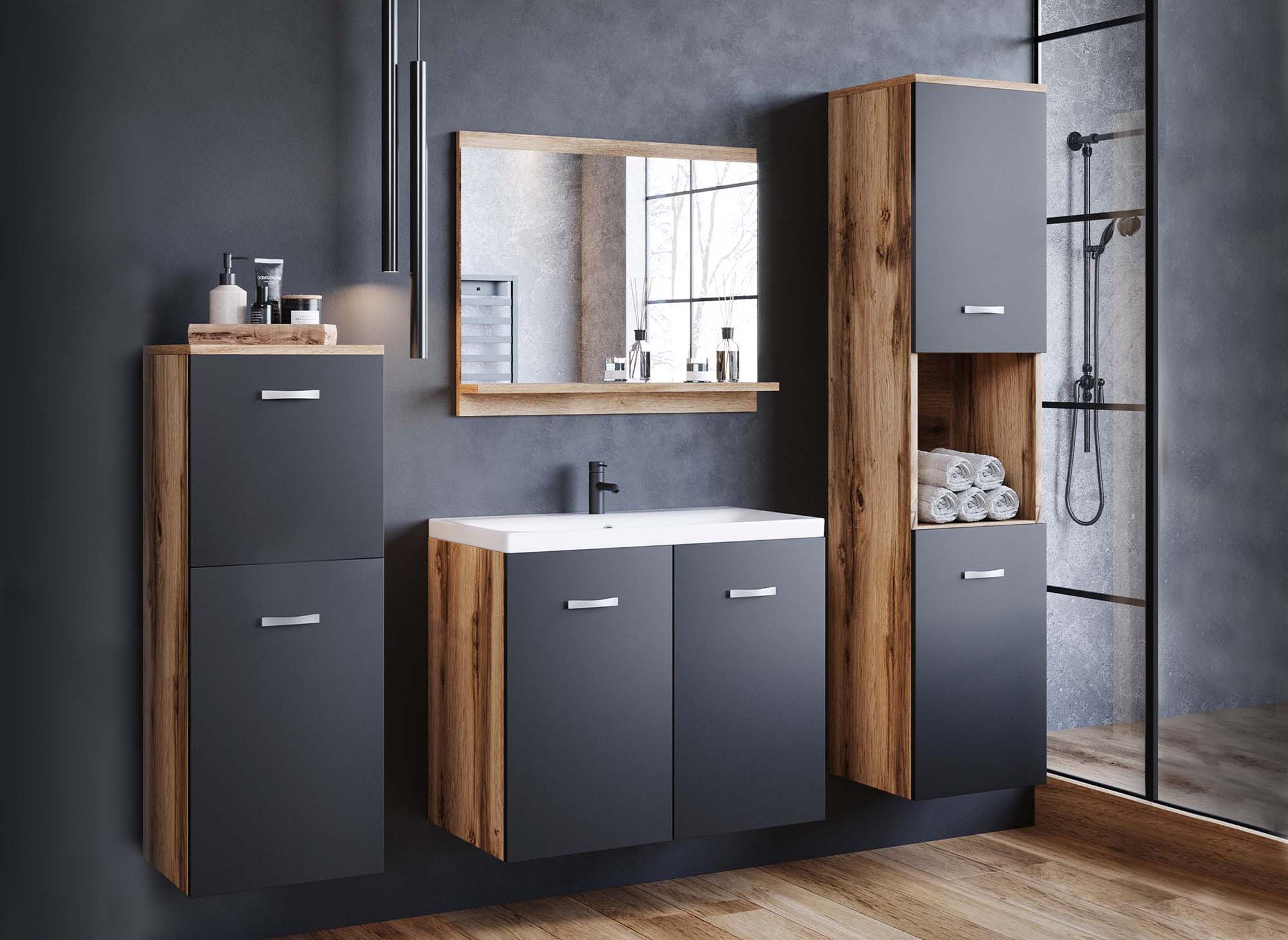 ALBY Designer-Hängemöbel-Set für Badezimmer - Schwarzes gealtertes Holz