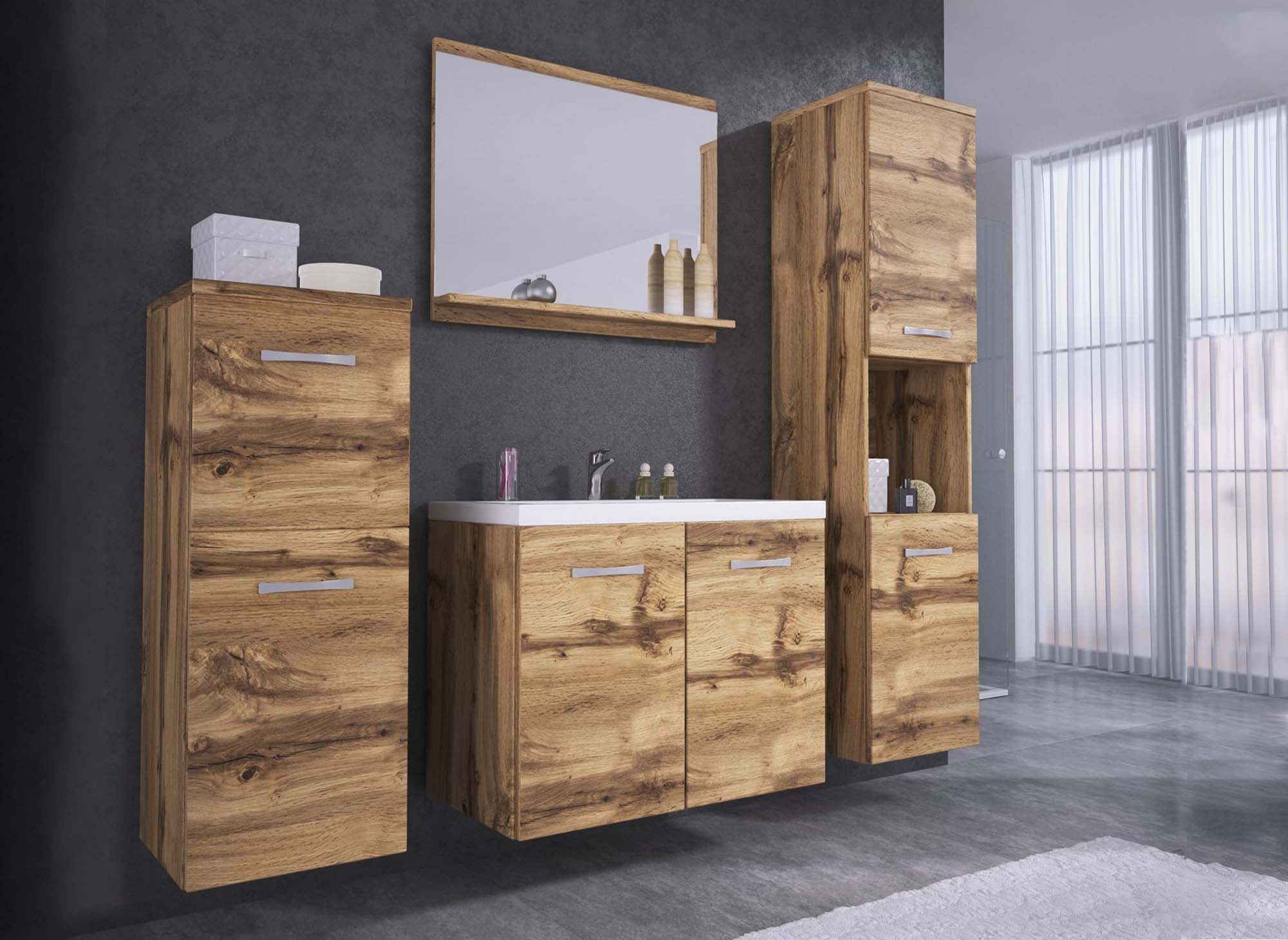 ALBY Designer-Badmöbel-Set zur Wandmontage – Eiche gealtert