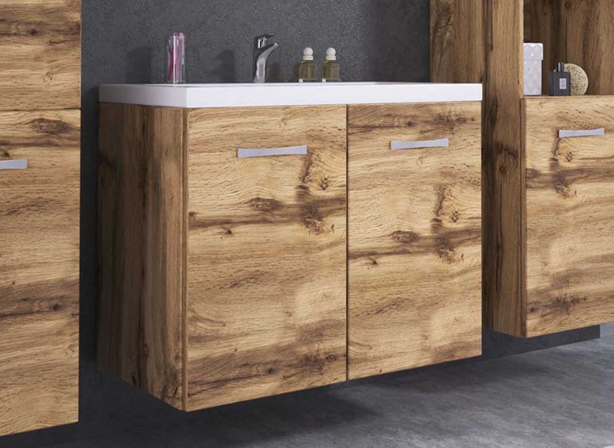 ALBY Designer-Badmöbel-Set zur Wandmontage – Eiche gealtert