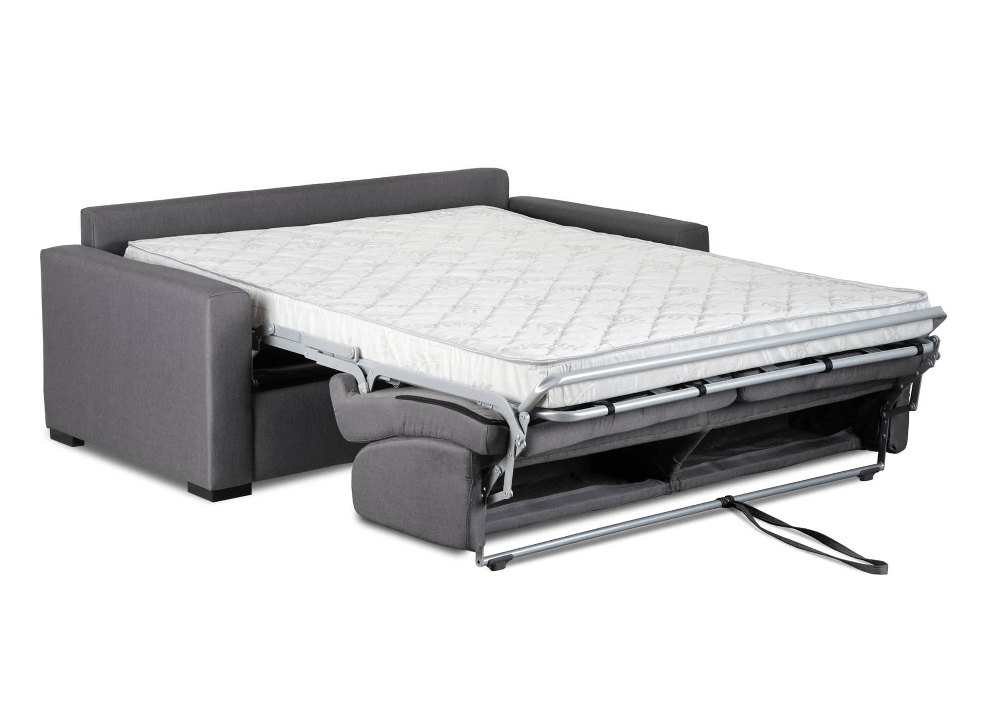 LOUNA 3-Sitzer-Schlafsofa aus dunkelgrauem Stoff mit Expressöffnung und 14 cm Matratze