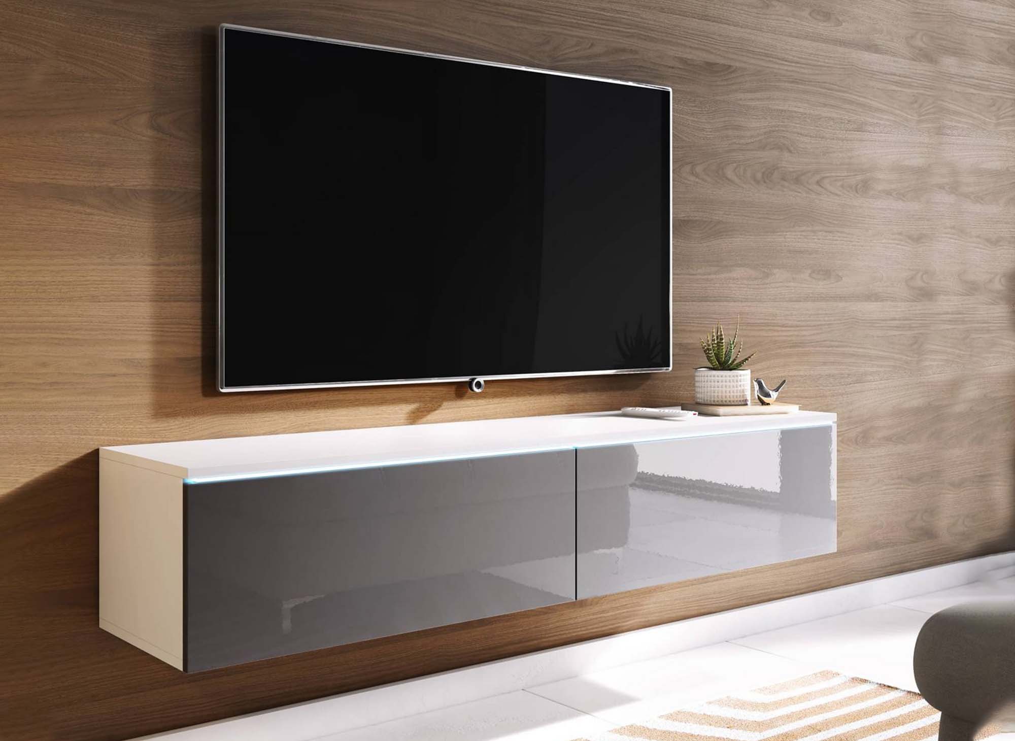 Moderner grau-weiß lackierter TV-Schrank mit LED 2 Türen MALORIE - 180 cm