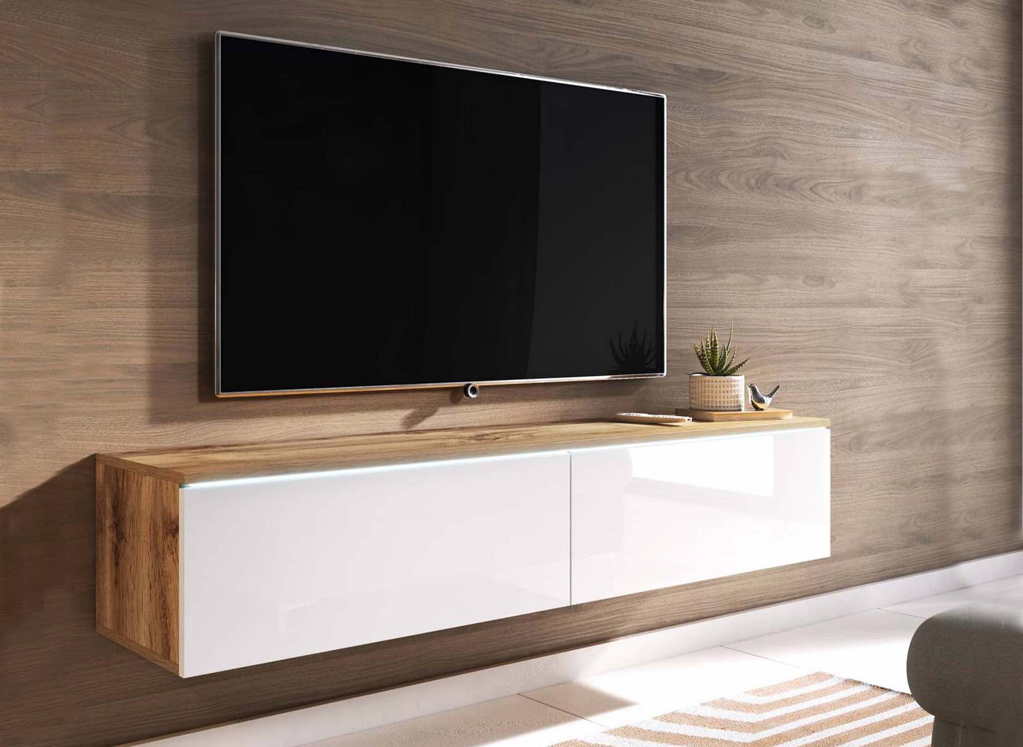 Moderner TV-Schrank aus Eiche und Weiß mit LED, 2 Türen, MALORIE – 180 cm