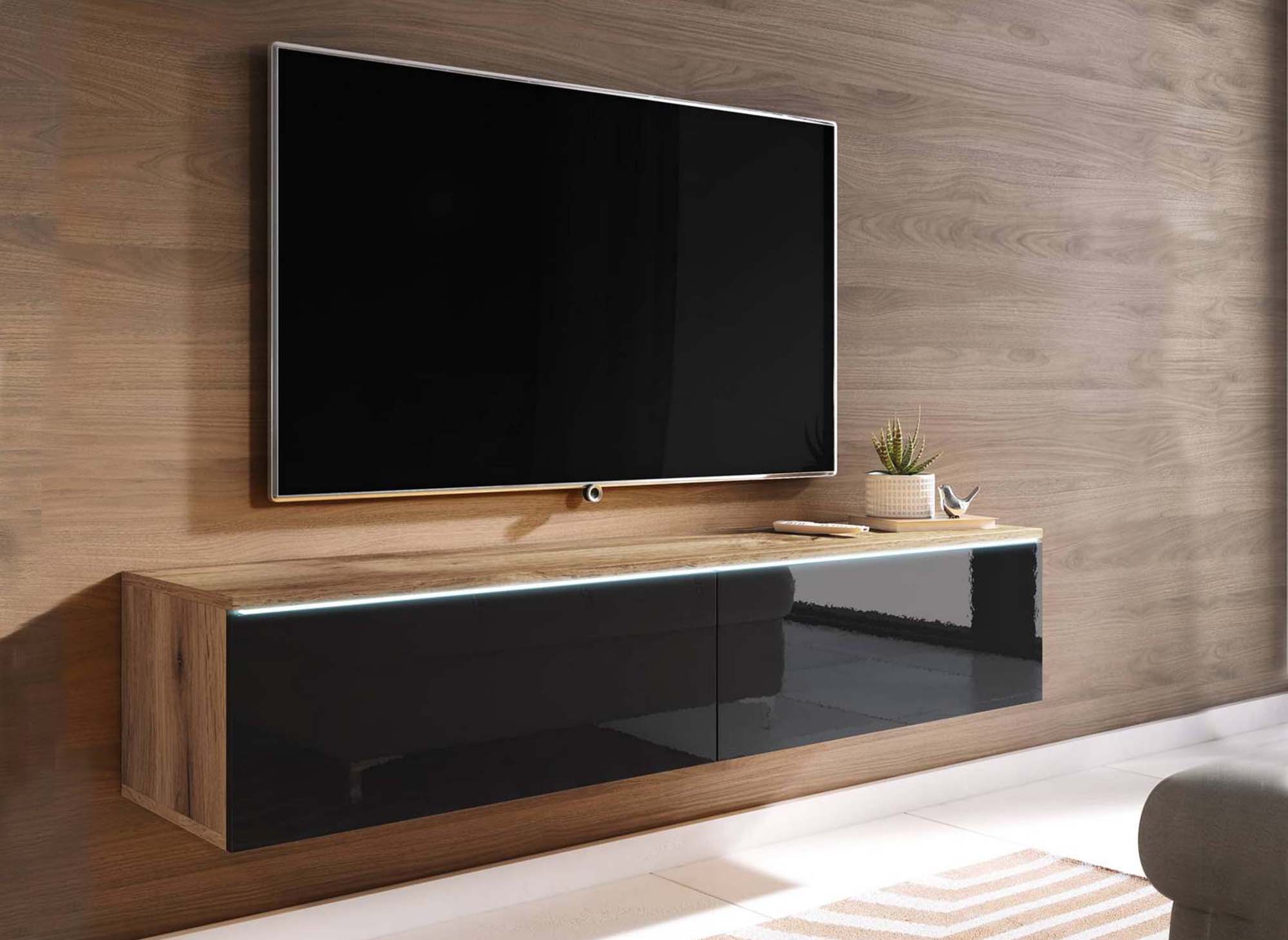 MALORIE 2-türiger TV-Schrank aus gealterter Eiche und schwarz lackiert mit LED-Beleuchtung - 180 cm