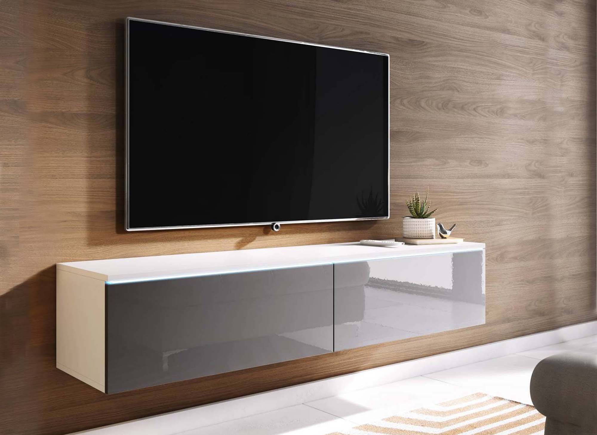 Moderner grau-weiß lackierter TV-Schrank mit LED 2 Türen MALORIE - 140 cm