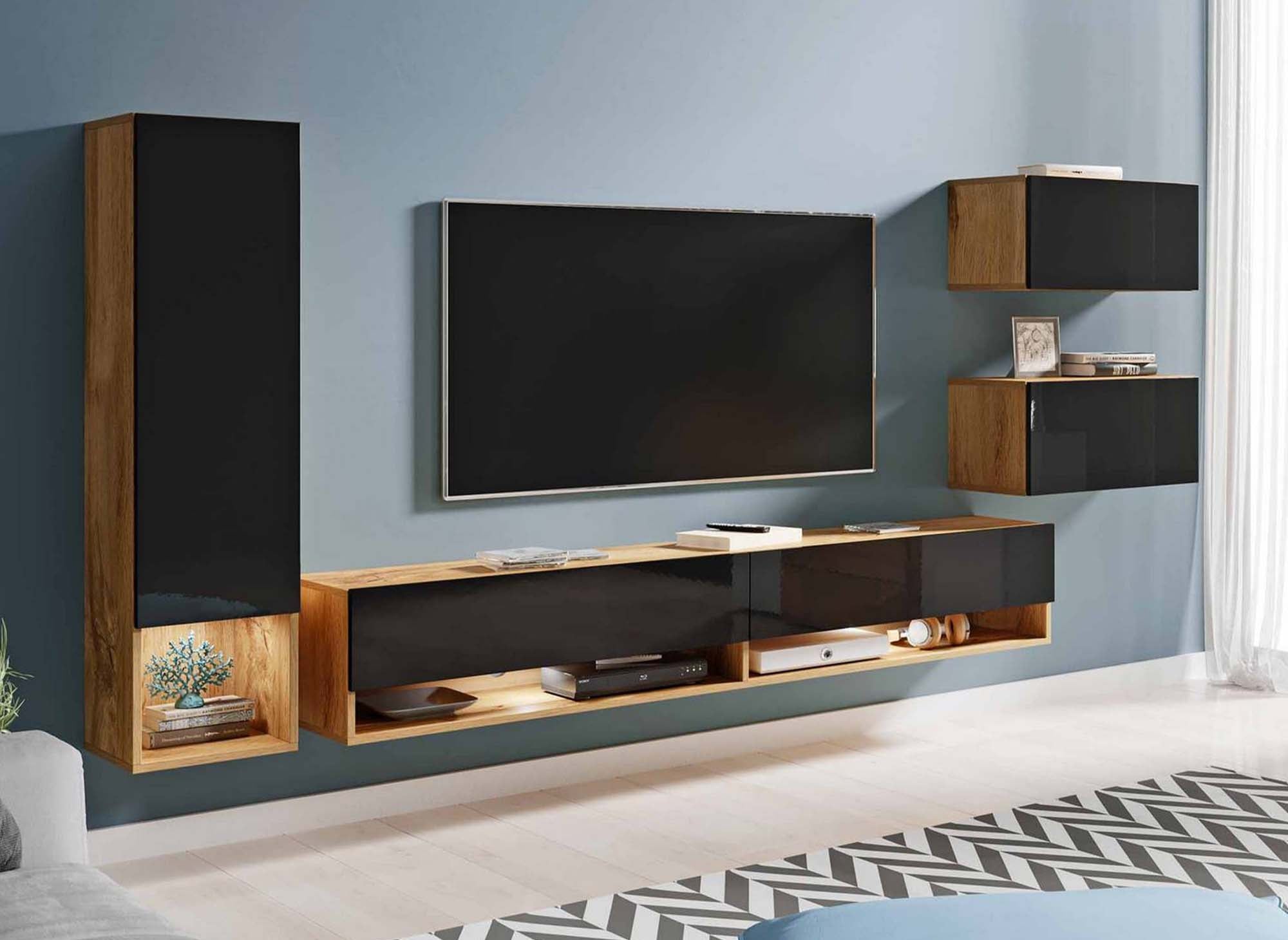 Moderner TV-Ständer aus schwarz lackierter Eiche mit LED - AMANDA