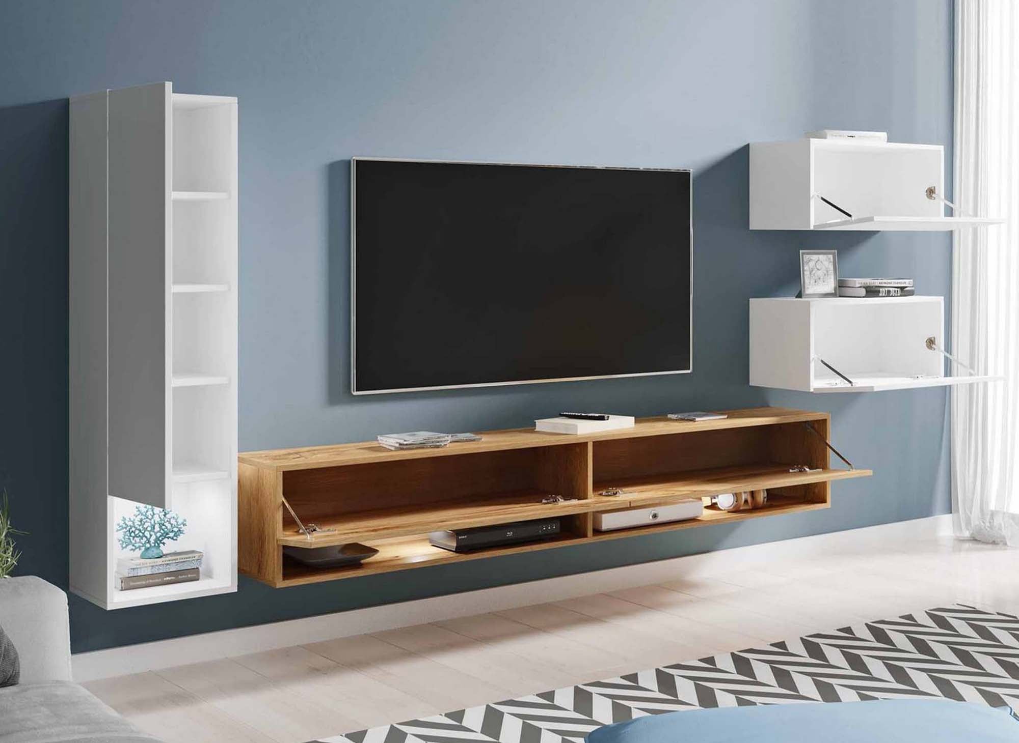 Moderner TV-Schrank aus Eiche und weiß lackiert mit LED - AMANDA
