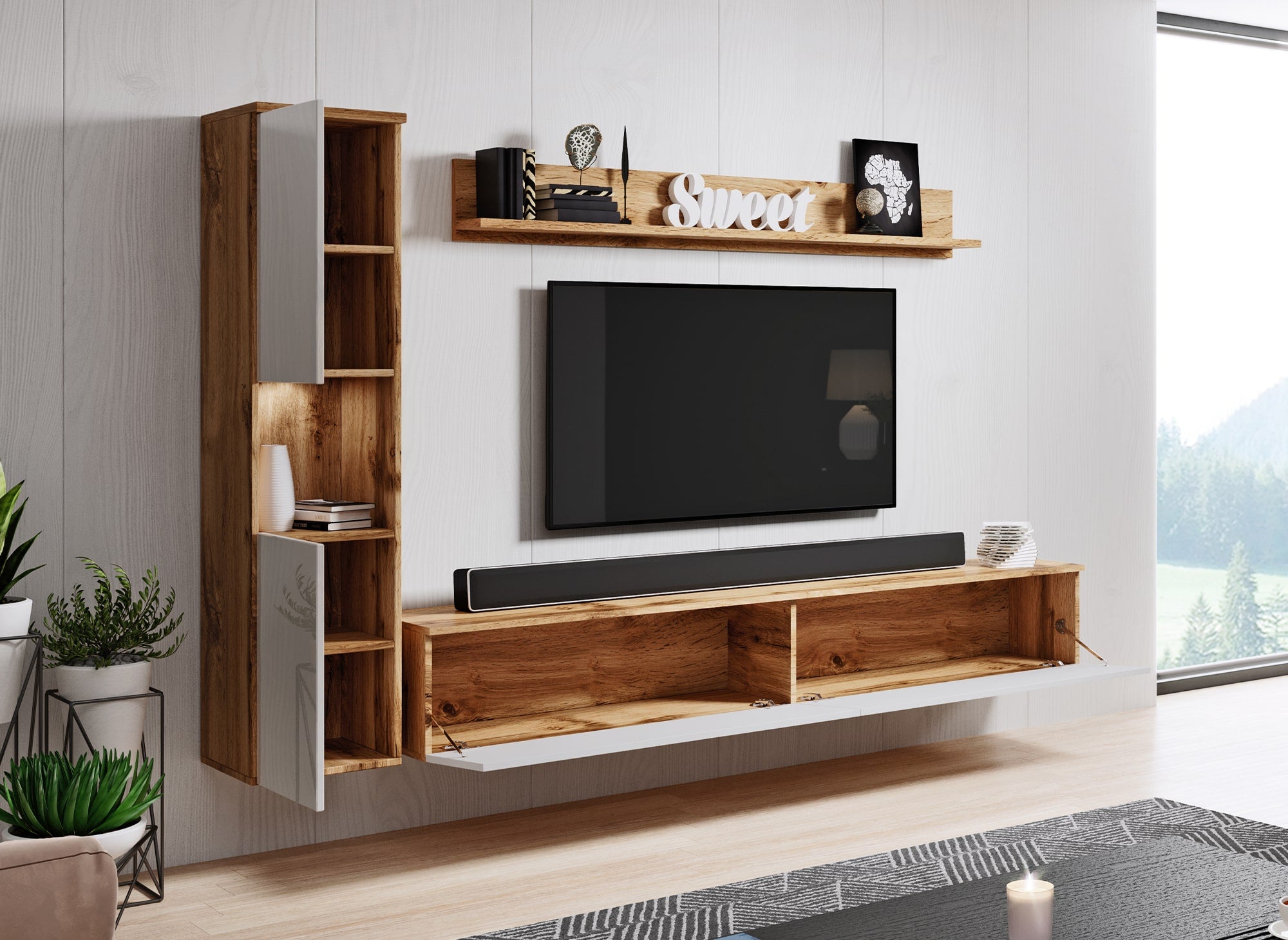 Moderner TV-Schrank aus Eiche und Weiß mit Hochglanzoberfläche und LED – ELIOTE