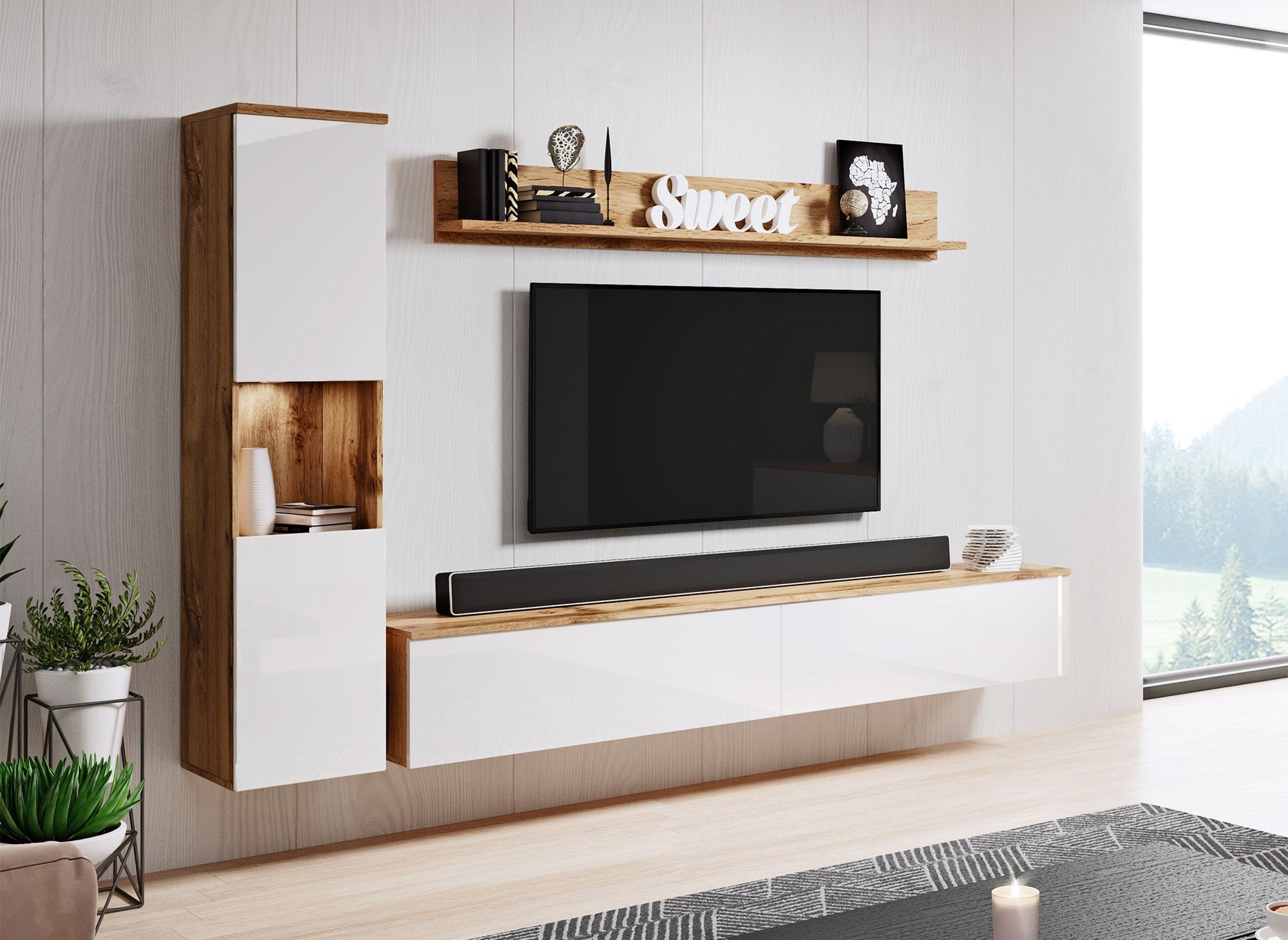 Moderner TV-Schrank aus Eiche und Weiß mit Hochglanzoberfläche und LED – ELIOTE