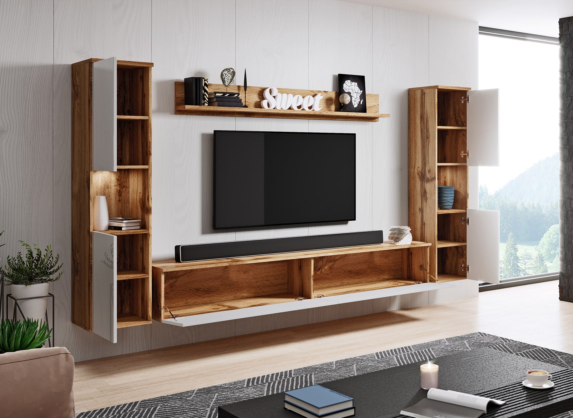 Moderner TV-Schrank aus Eiche und Weiß mit Hochglanzoberfläche und LEDs – ELIOTE XL