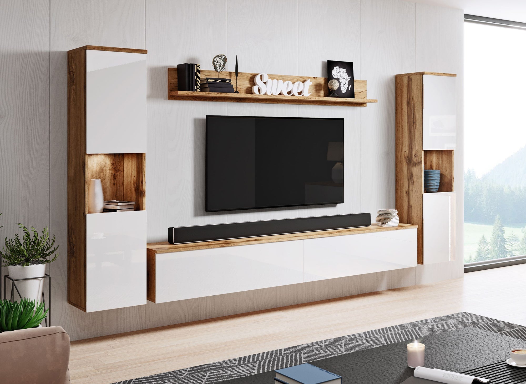 Moderner TV-Schrank aus Eiche und Weiß mit Hochglanzoberfläche und LEDs – ELIOTE XL