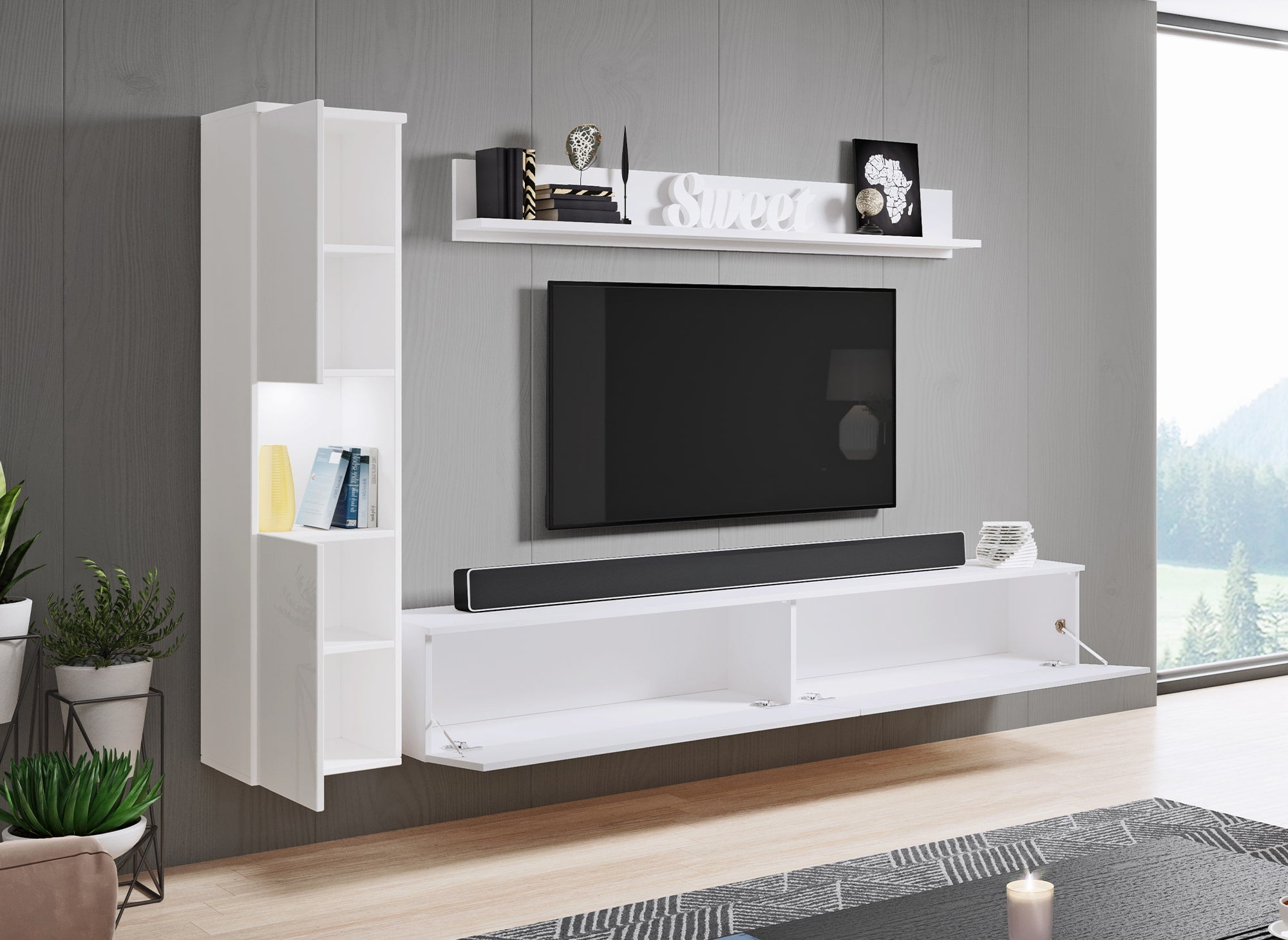 Moderner weißer TV-Schrank mit Hochglanzoberfläche und LED - ELIOTE