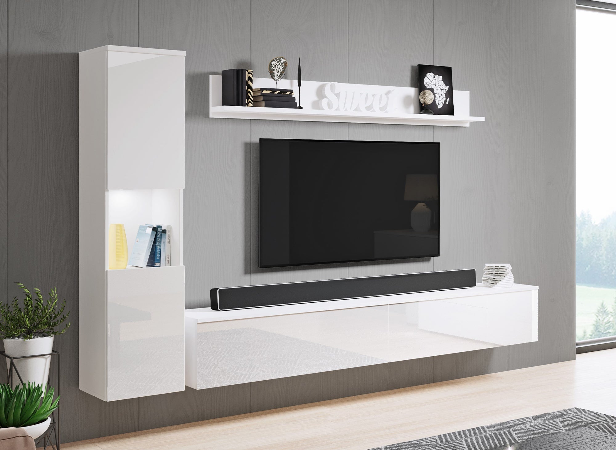 Moderner weißer TV-Schrank mit Hochglanzoberfläche und LED - ELIOTE