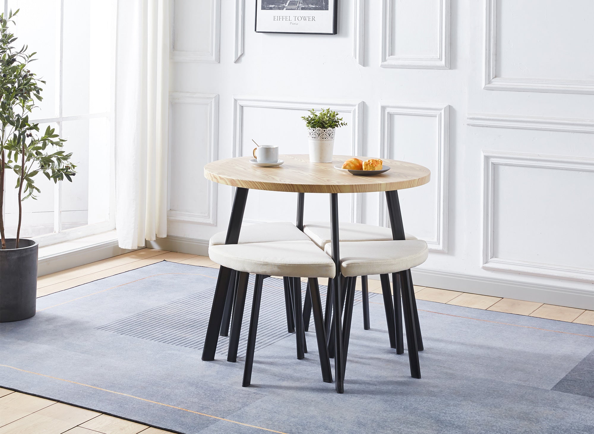 IRINA Esstisch-Set aus Holz mit 4 beigen Hockern