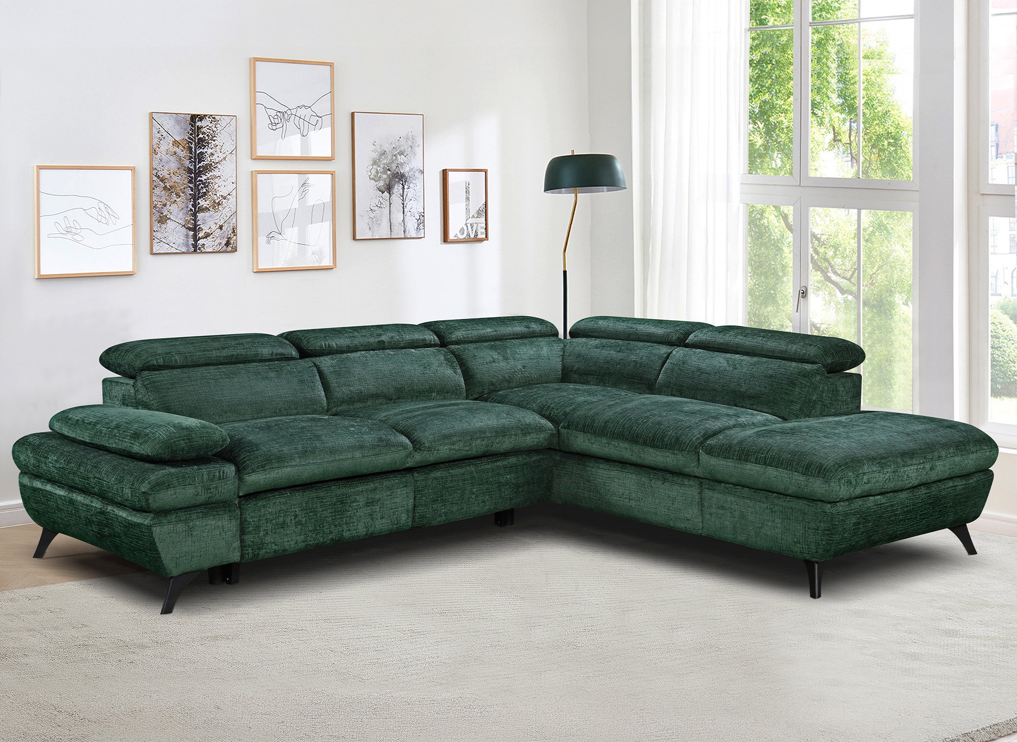 LUFY Ecksofa aus grün meliertem Samt mit Stauraum – rechtwinklig