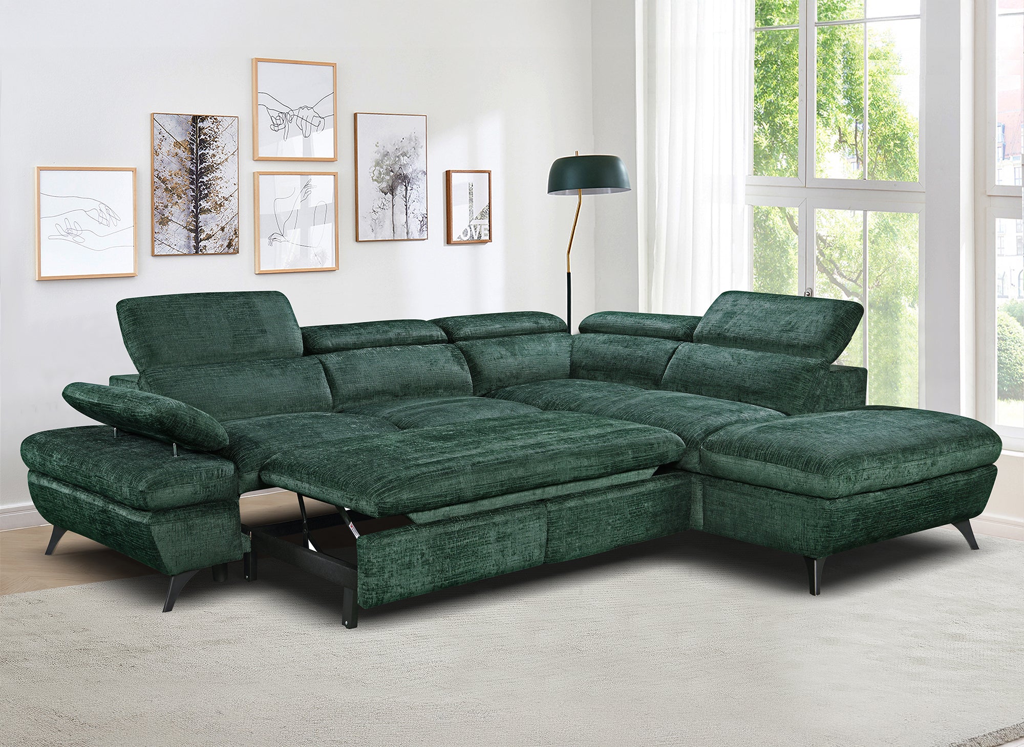 LUFY Ecksofa aus grün meliertem Samt mit Stauraum – rechtwinklig