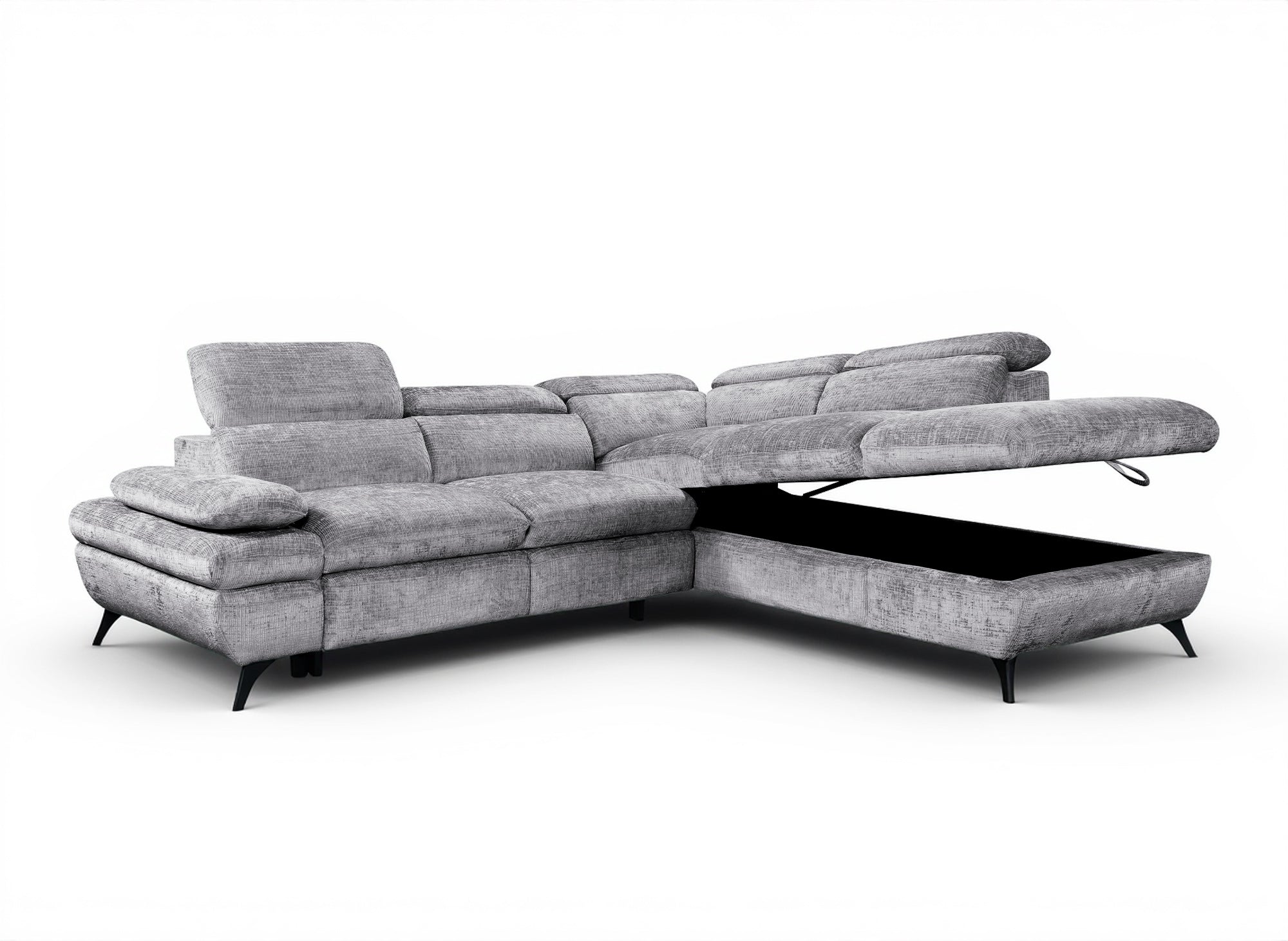 LUFY Ecksofa aus grau meliertem Samt mit Stauraum – rechtwinklig