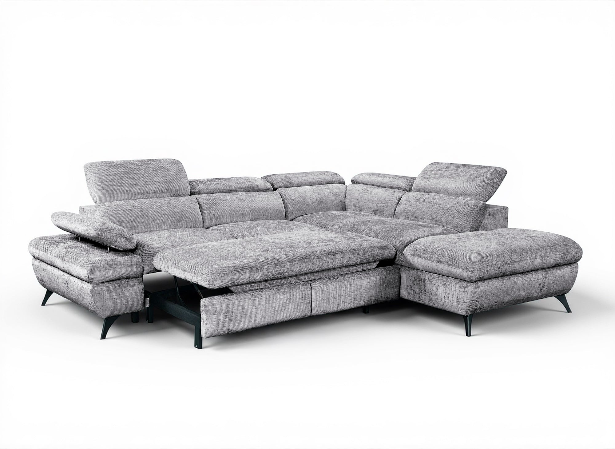 LUFY Ecksofa aus grau meliertem Samt mit Stauraum – rechtwinklig