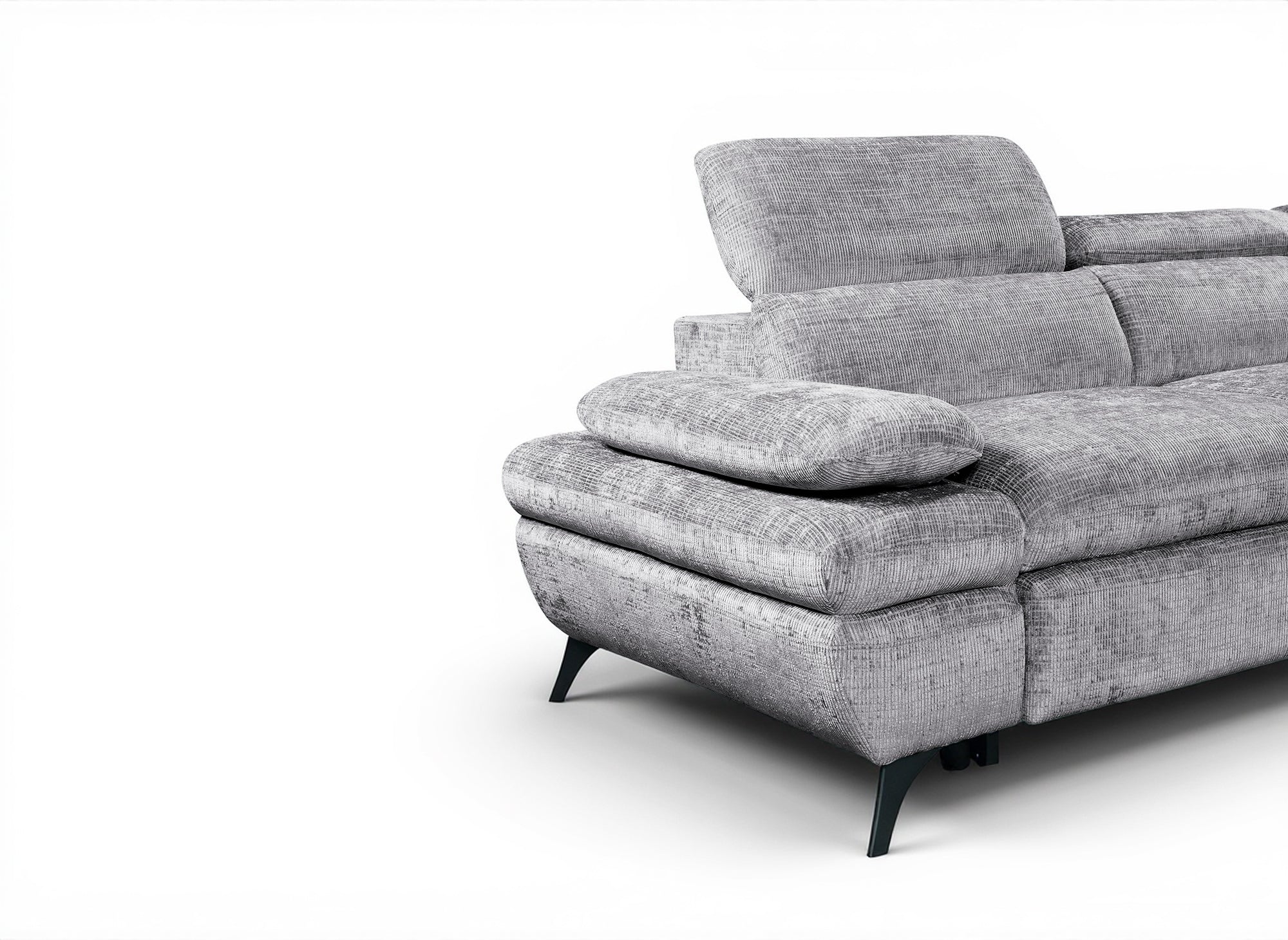 LUFY Ecksofa aus grau meliertem Samt mit Stauraum – rechtwinklig