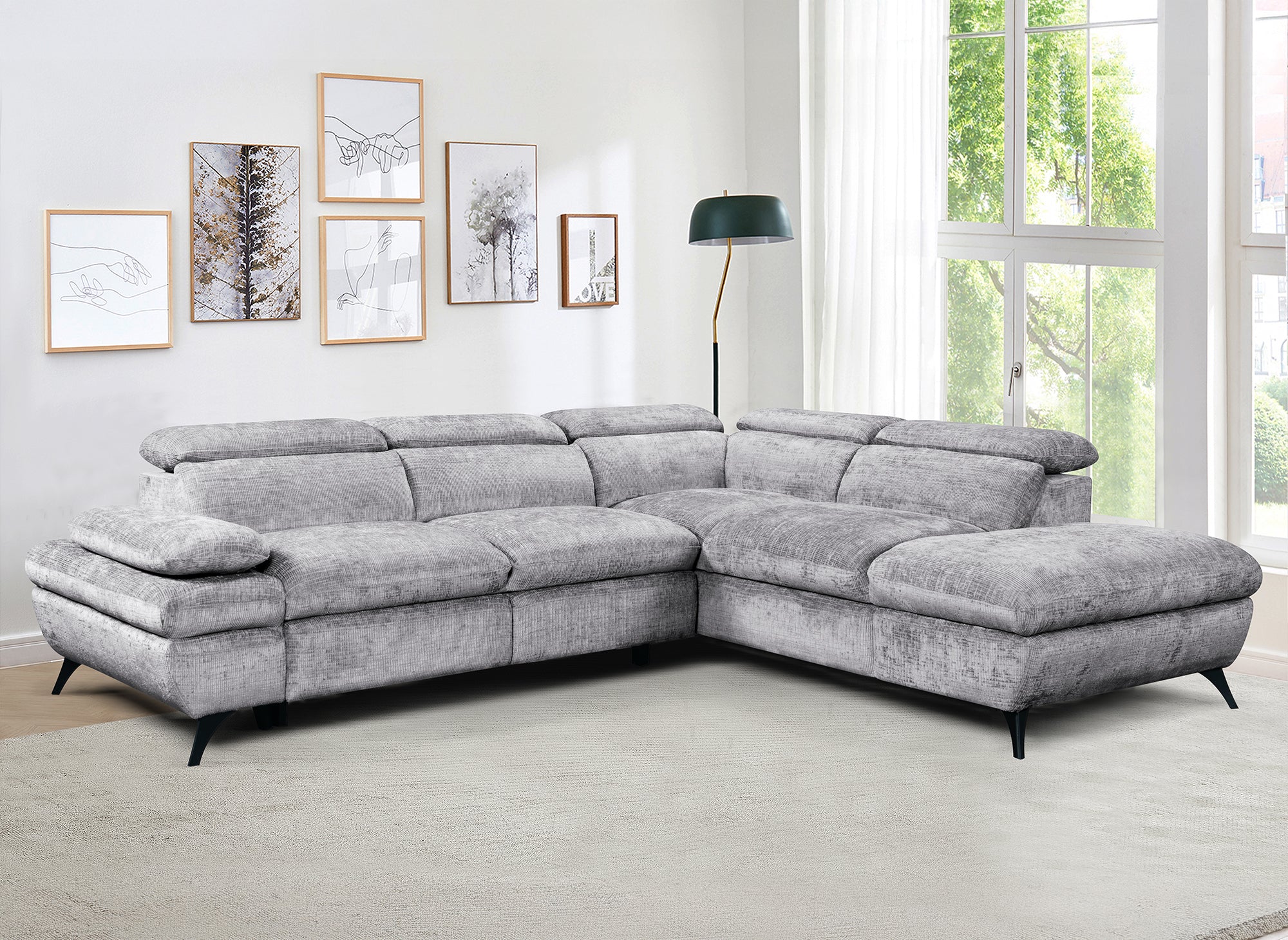 LUFY Ecksofa aus grau meliertem Samt mit Stauraum – rechtwinklig