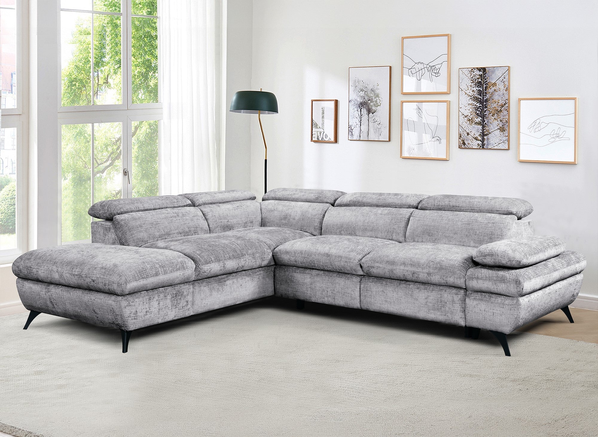 LUFY Ecksofa aus grau meliertem Samt mit Stauraum – Linke Ecke