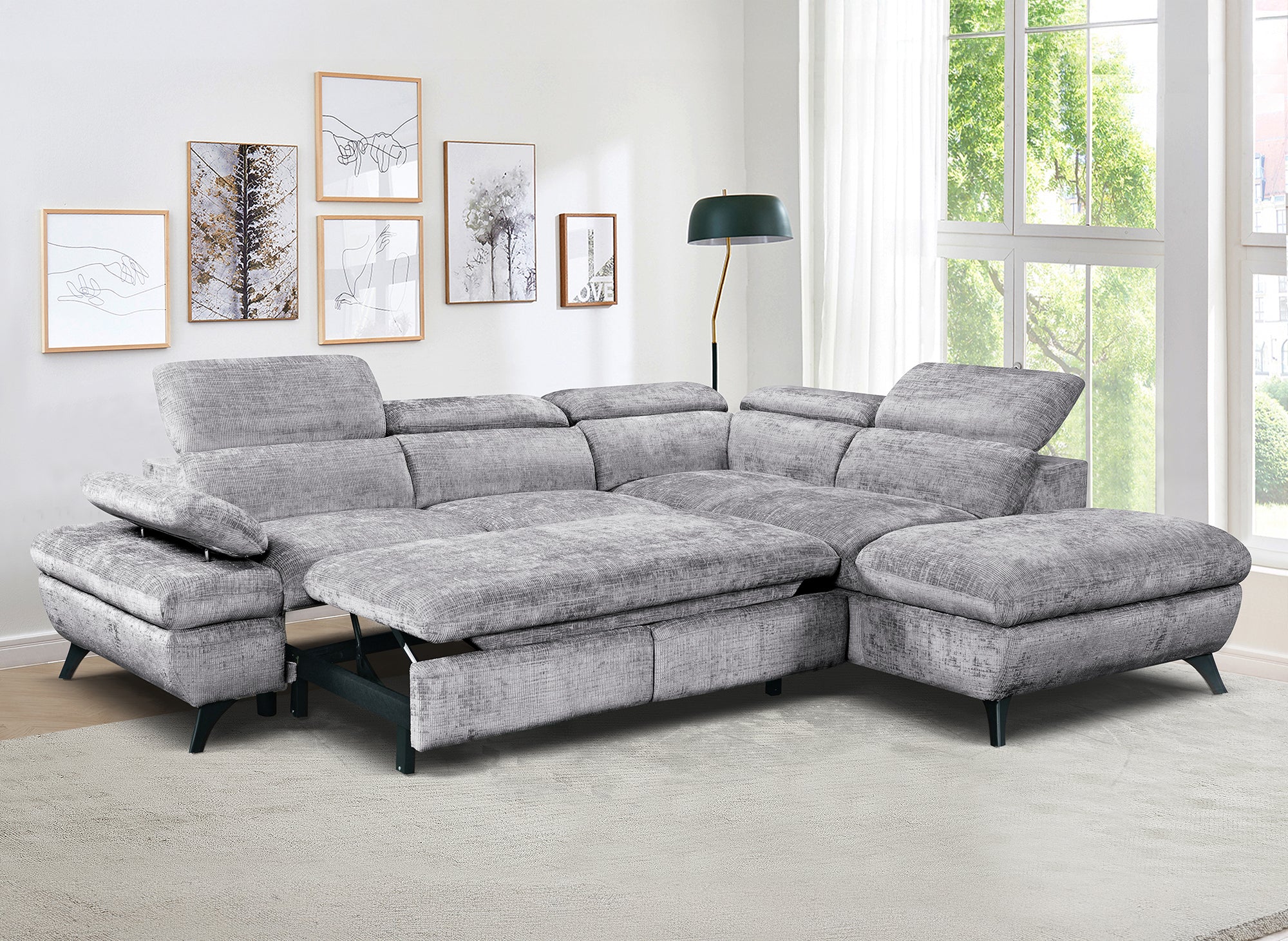 LUFY Ecksofa aus grau meliertem Samt mit Stauraum – rechtwinklig