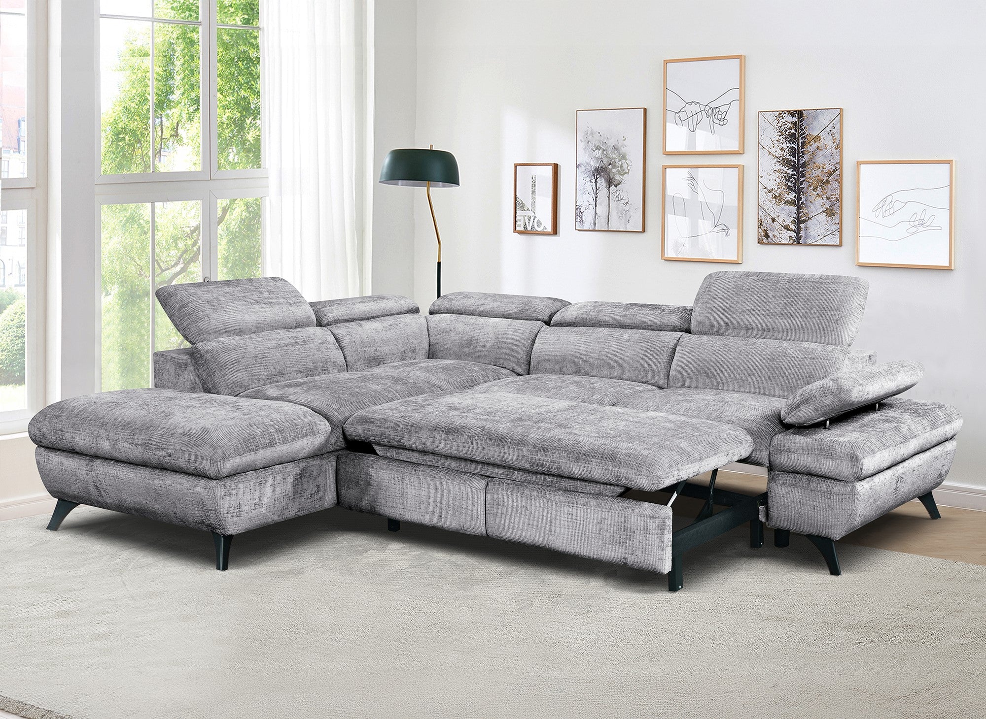 LUFY Ecksofa aus grau meliertem Samt mit Stauraum – Linke Ecke