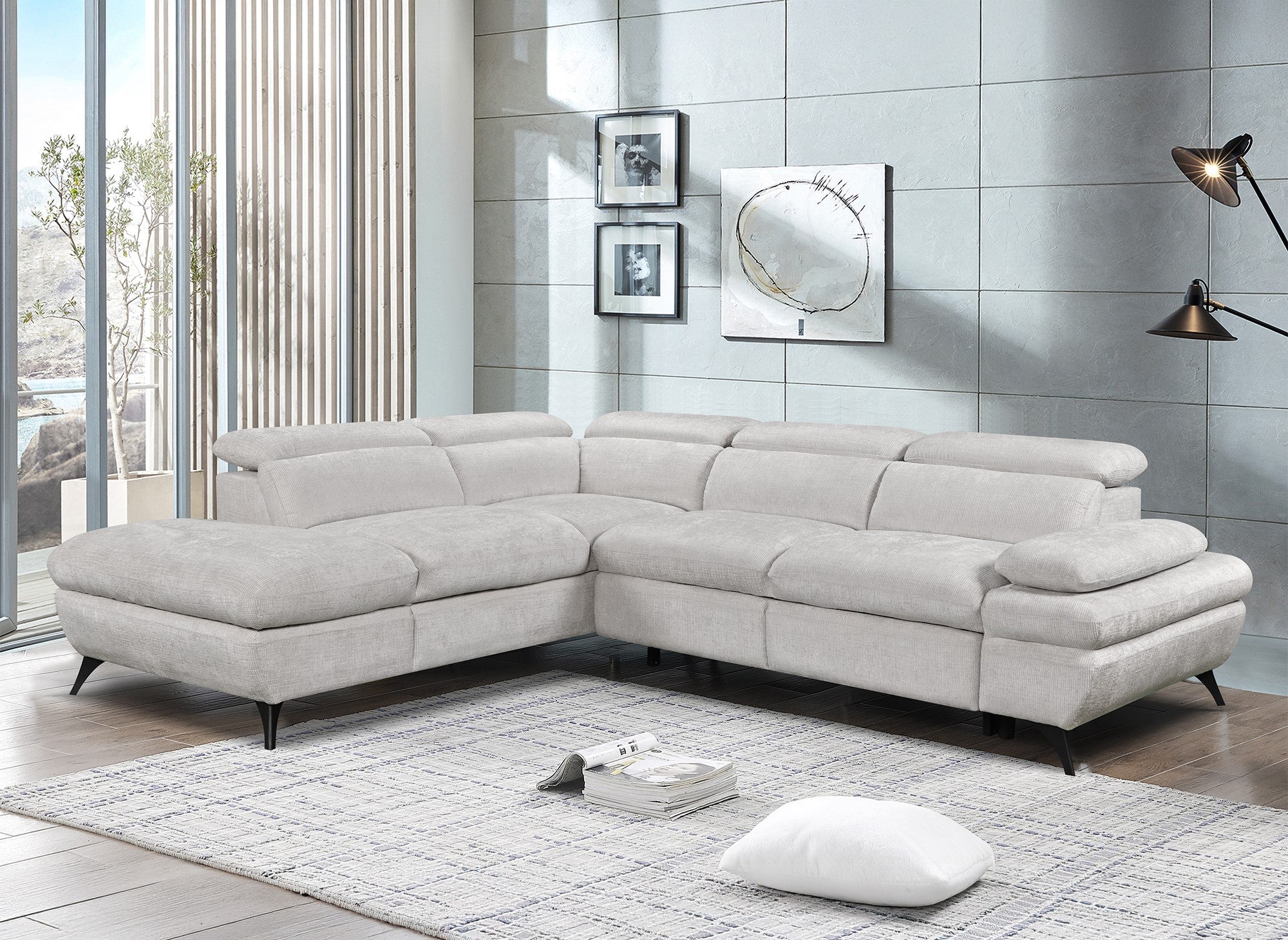 LUFY umwandelbares Ecksofa mit Stauraum aus ecruweiß meliertem Samt – Linke Ecke