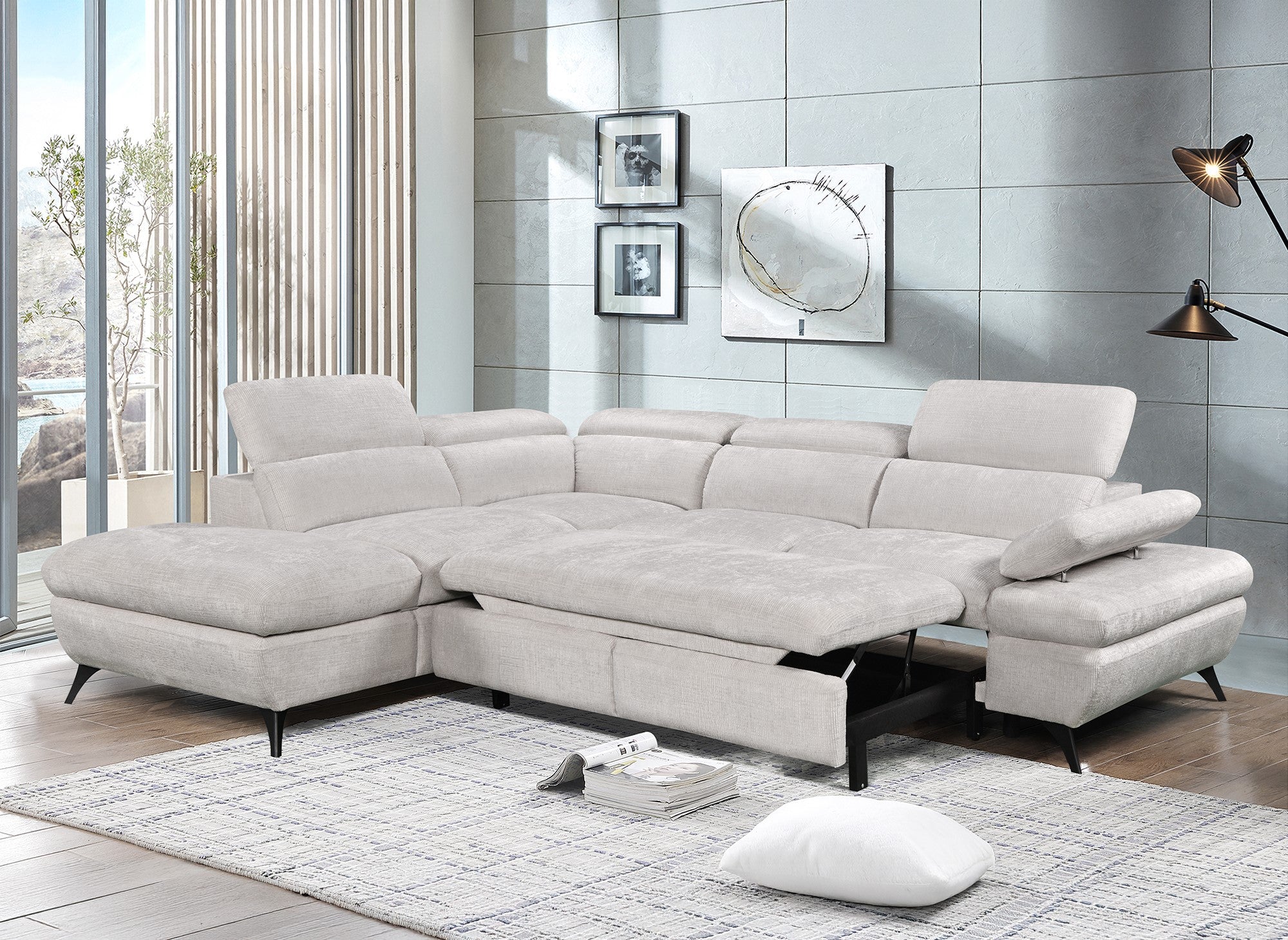 LUFY umwandelbares Ecksofa mit Stauraum aus ecruweiß meliertem Samt – Linke Ecke