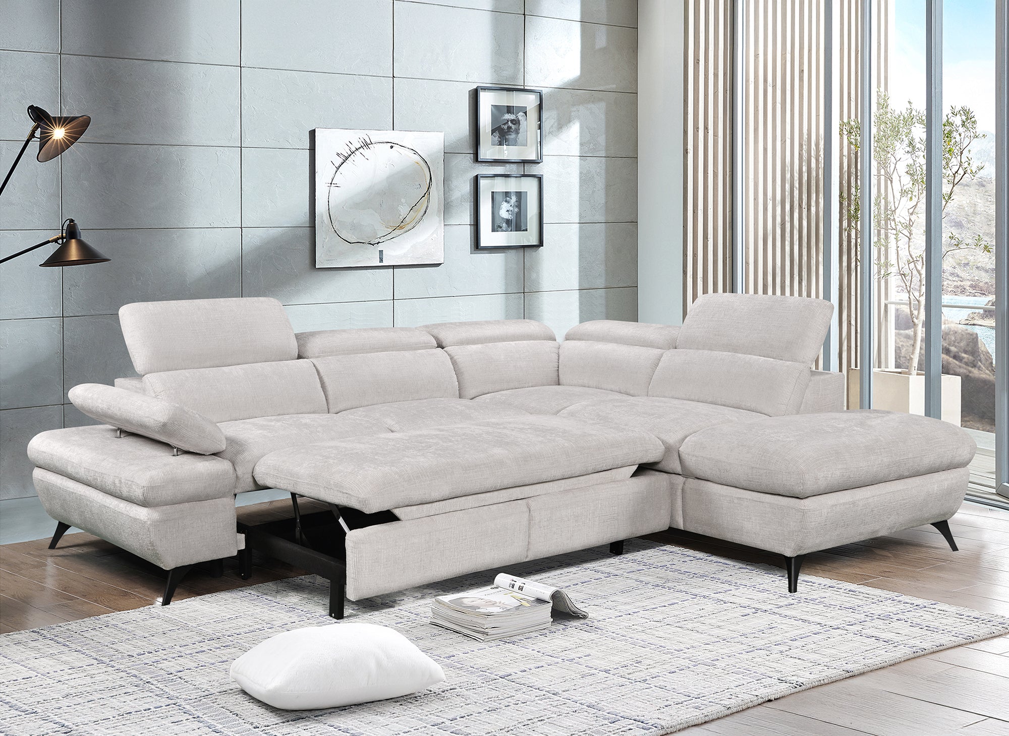 LUFY umwandelbares Ecksofa mit Stauraum aus ecruweiß meliertem Samt - Rechtwinklig