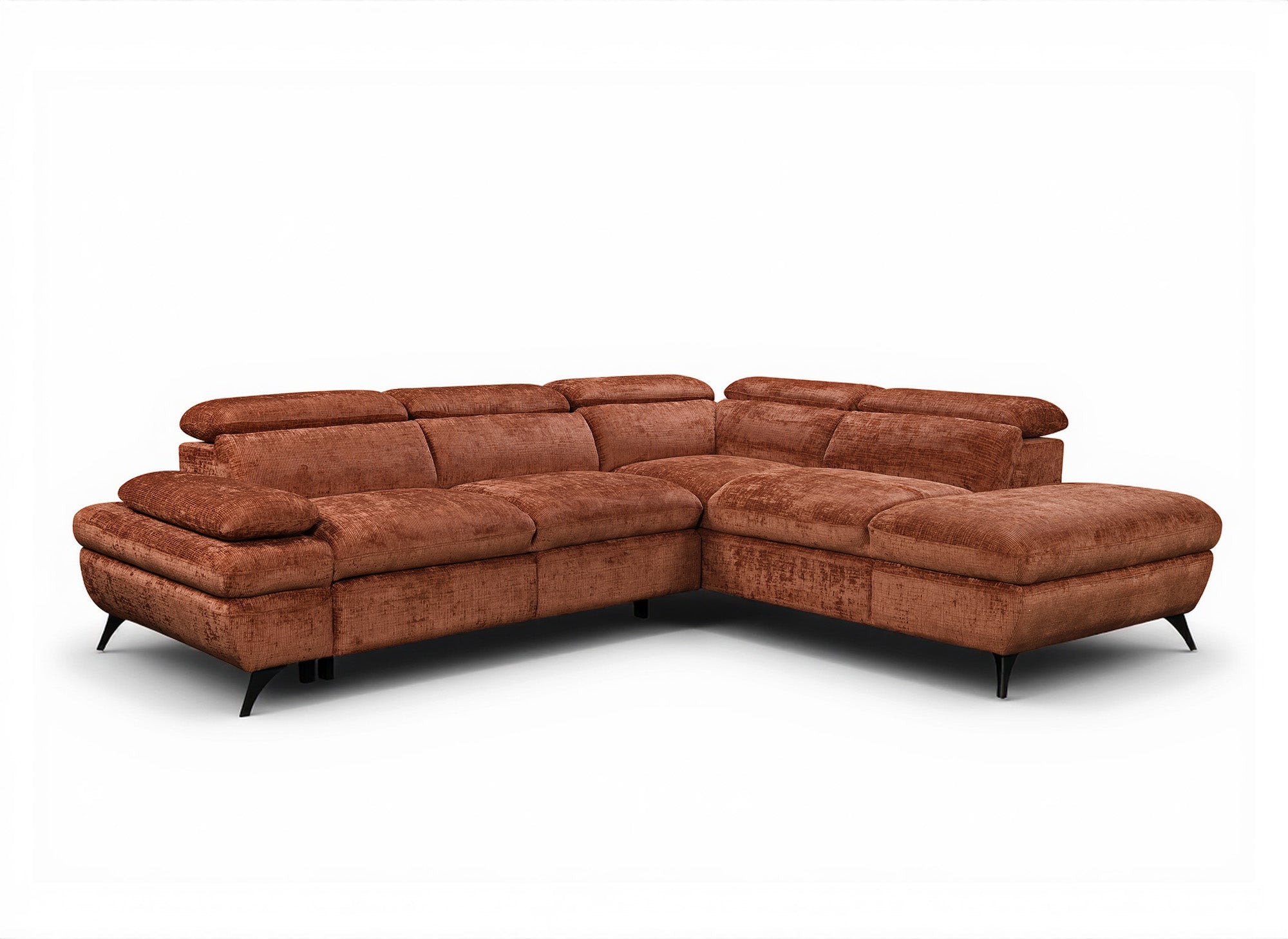 LUFY umwandelbares Ecksofa mit Stauraum aus terrakottafarbenem, meliertem Samt – rechtwinklig