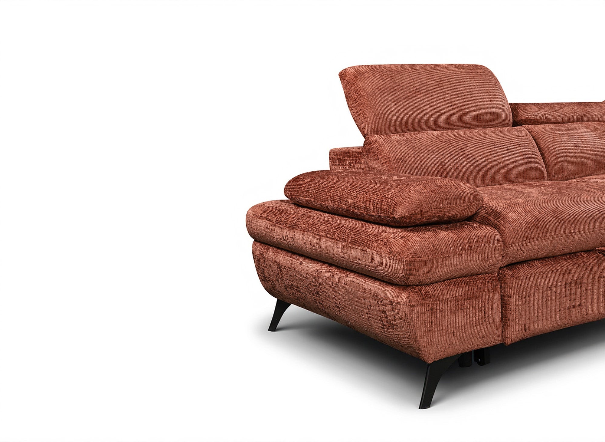 LUFY umwandelbares Ecksofa mit Stauraum aus terrakottafarbenem, meliertem Samt – rechtwinklig