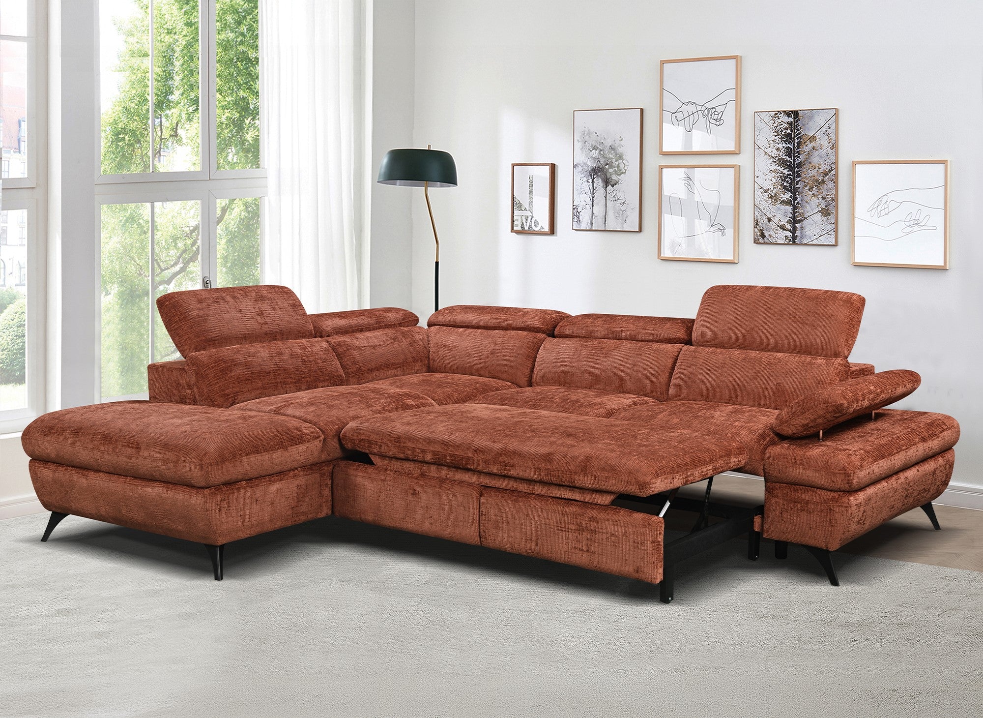 LUFY umwandelbares Ecksofa mit Stauraum aus terrakottafarbenem, meliertem Samt – Linke Ecke