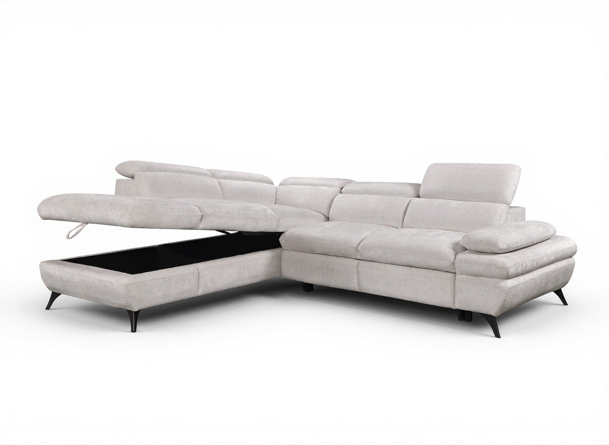 LUFY umwandelbares Ecksofa mit Stauraum aus ecruweiß meliertem Samt – Linke Ecke