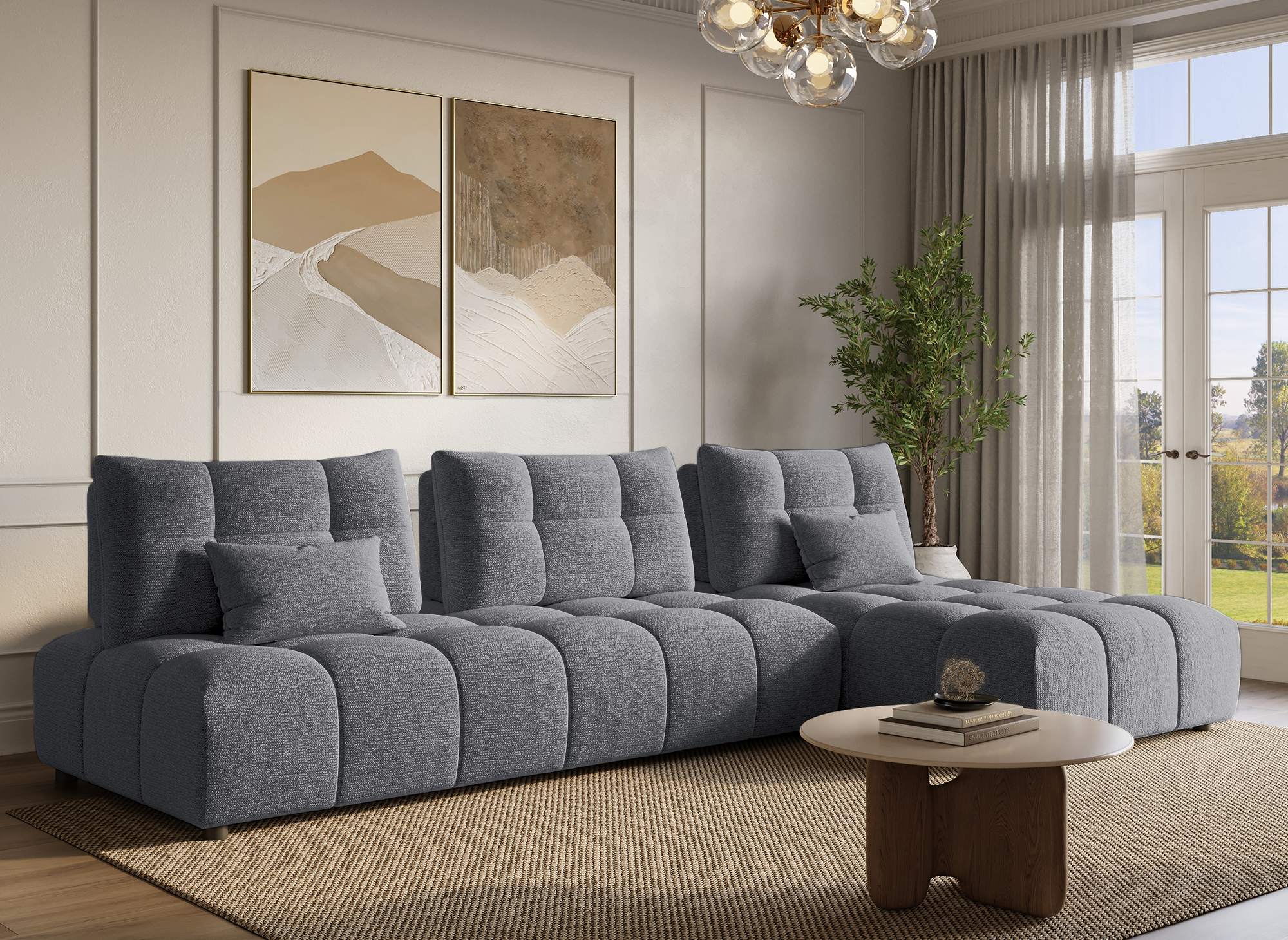 ALANA Ecksofa aus grauem strukturiertem Samt, wendbar